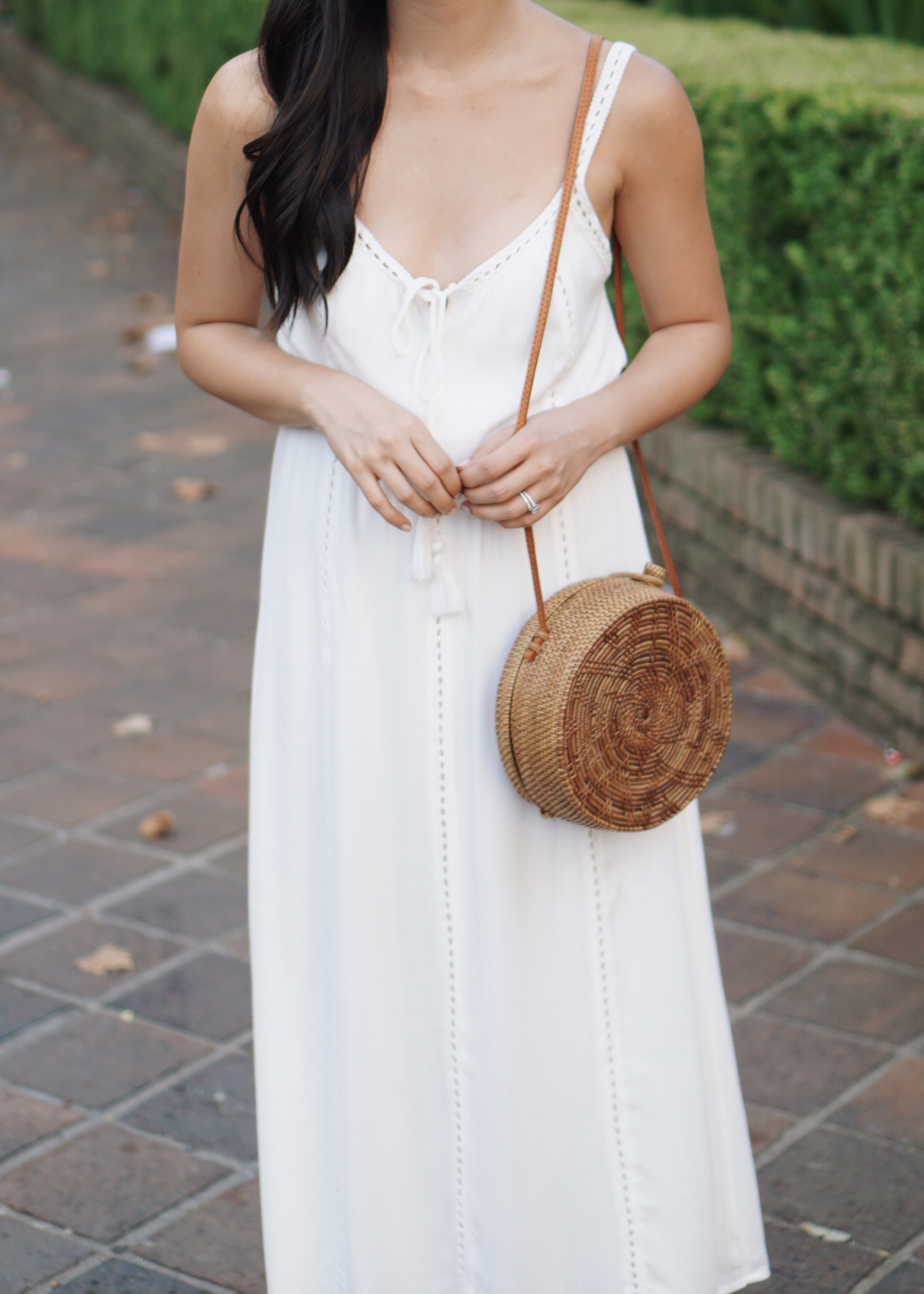 Vacation Style / White Maxi Dress & Straw Bag