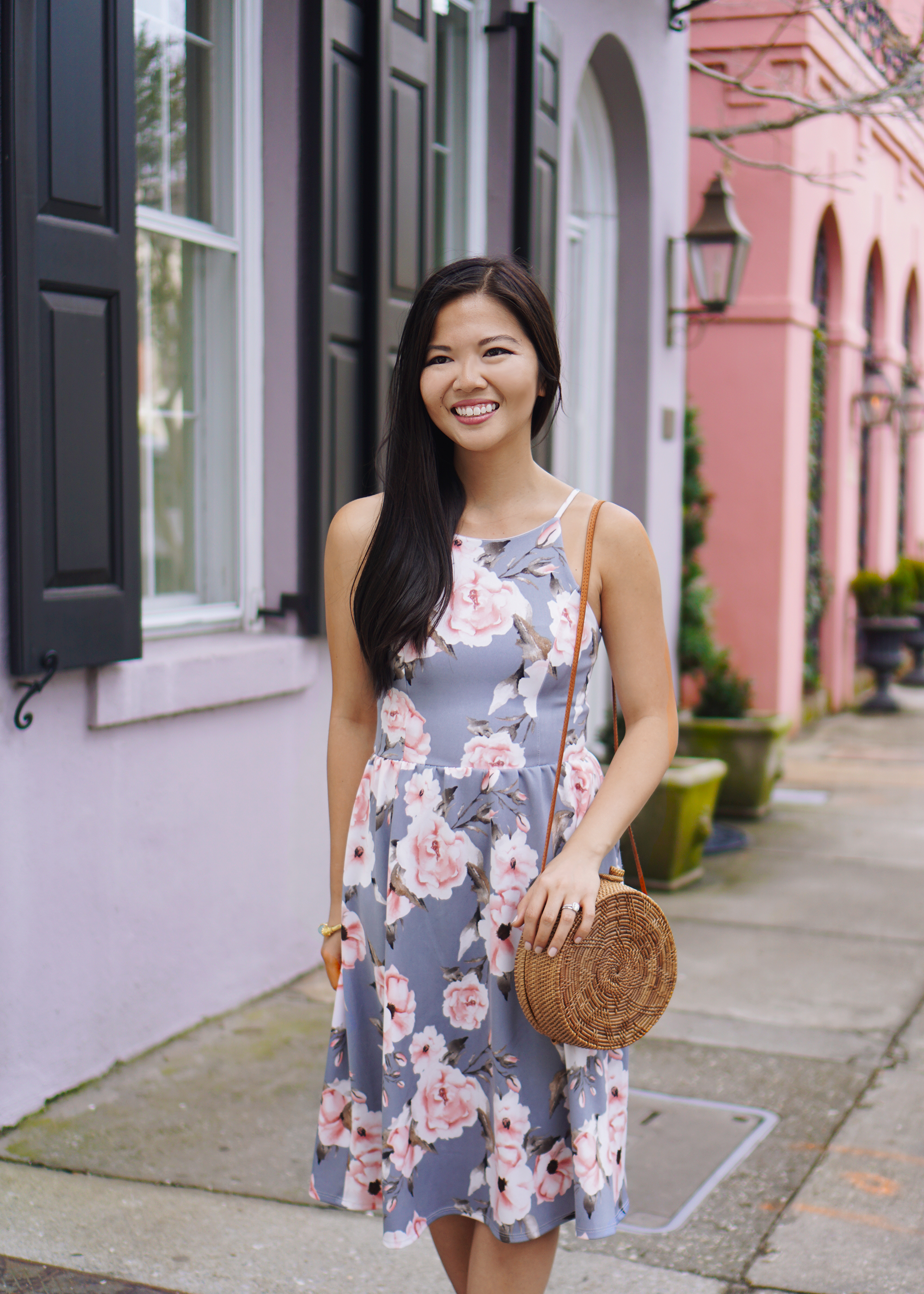 Spring Outfit Idea / Gray & Pink Floral Dress