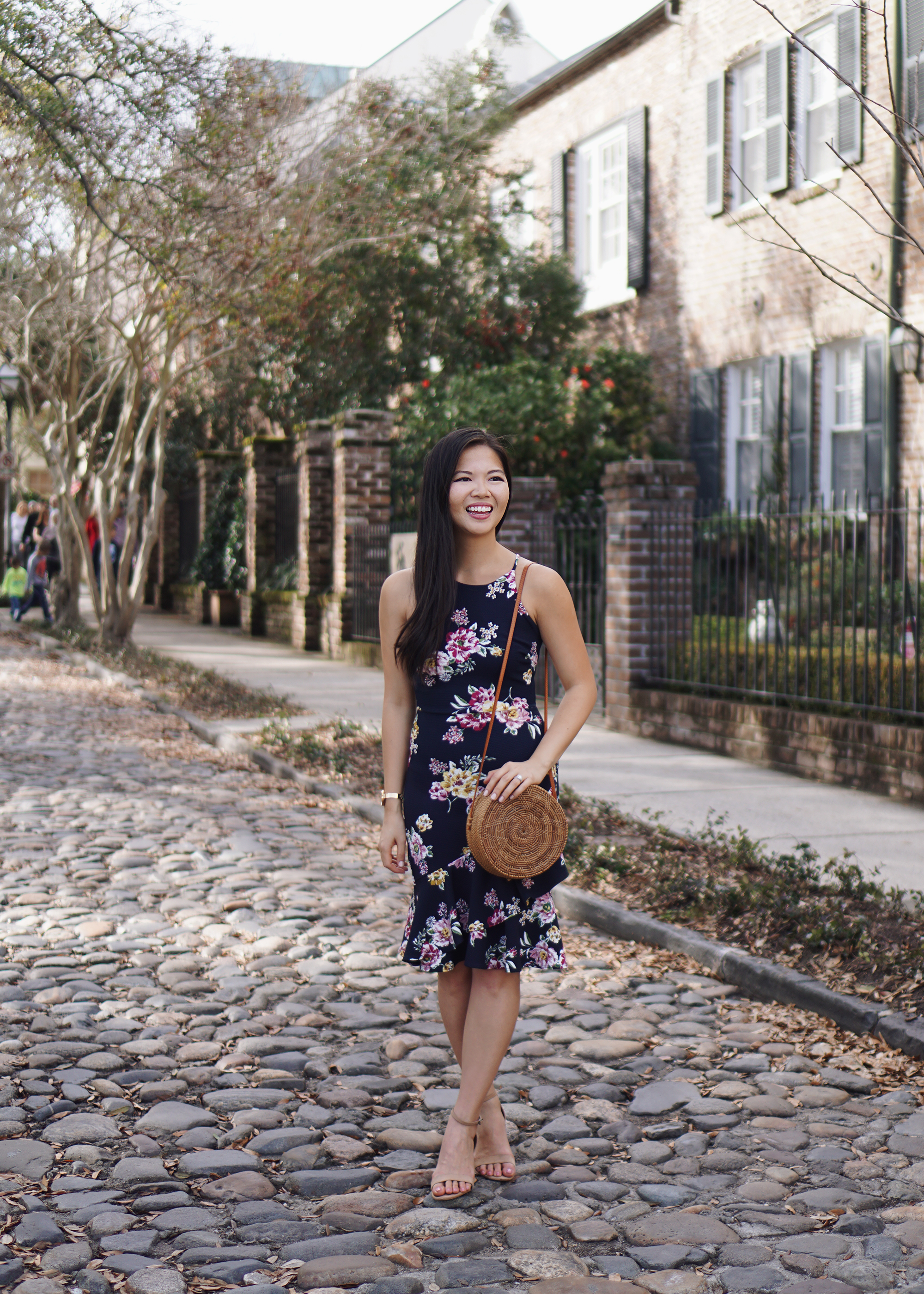 Spring Style: Navy Floral Dress & Straw Circl Bag