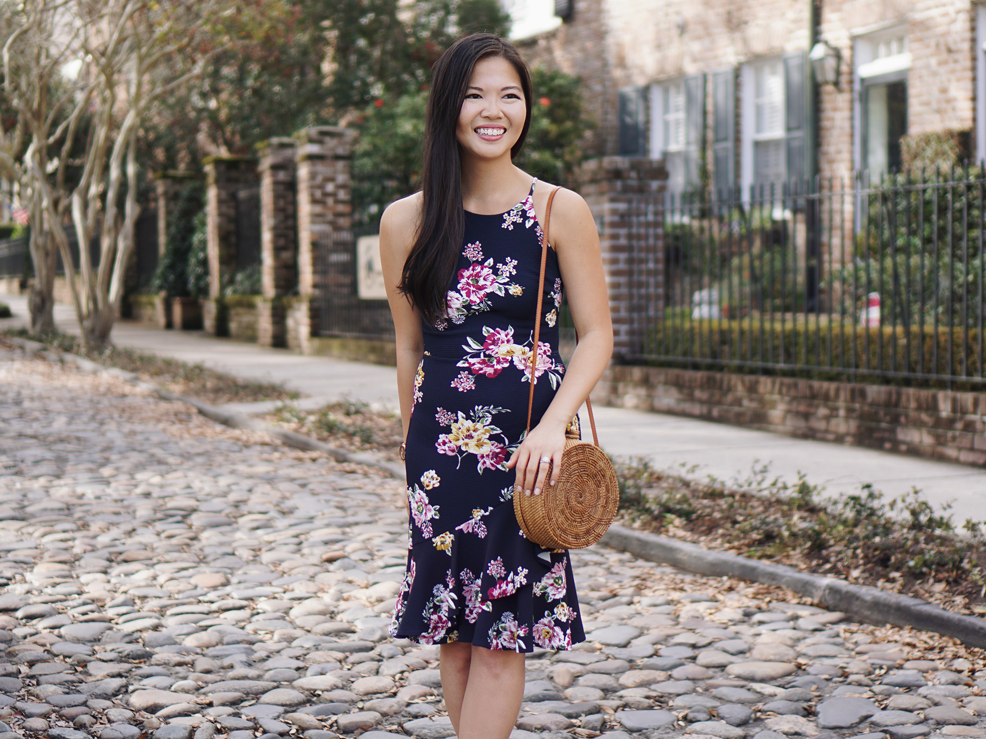Spring Style: Navy Floral Dress & Straw Circl Bag