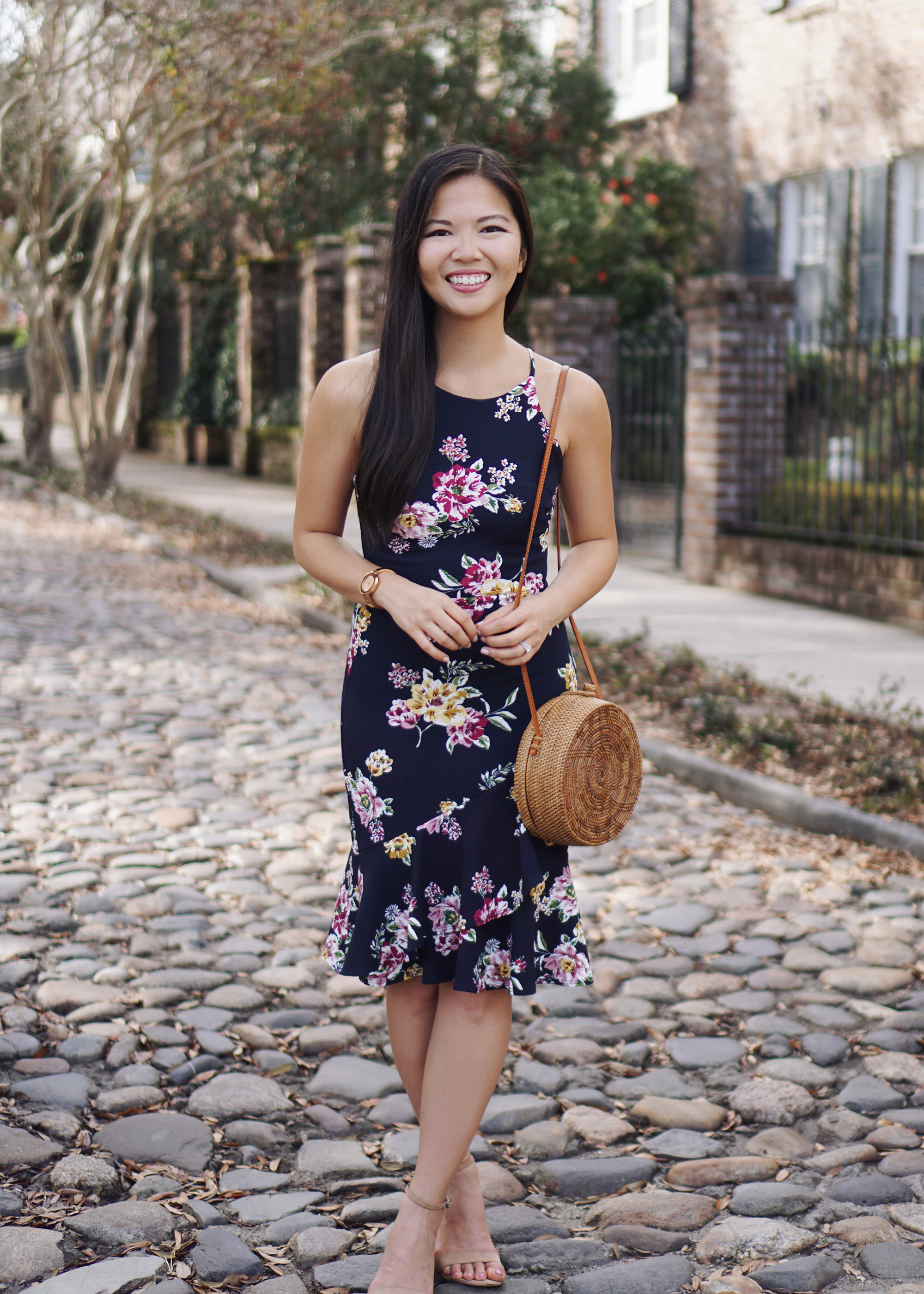 Spring Style: Navy Floral Dress & Straw Circl Bag