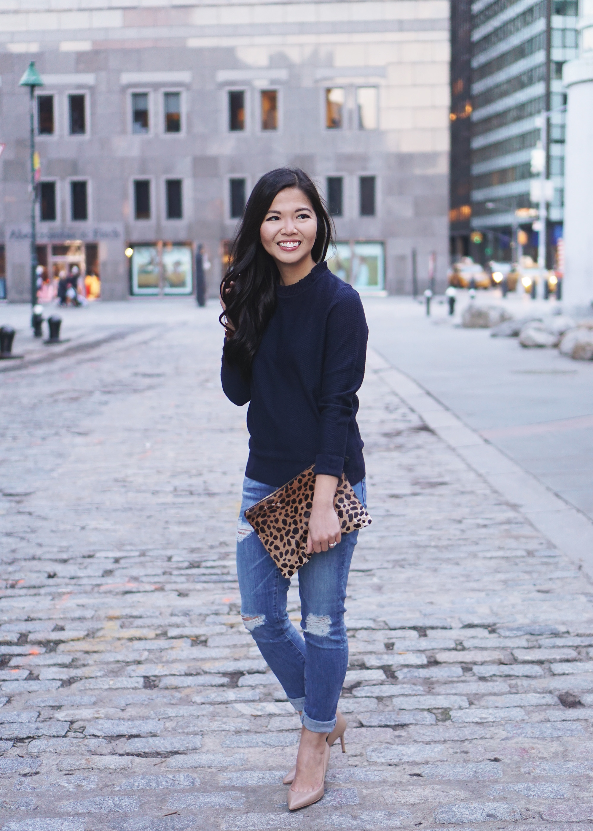 Spring Transition Outfit / Navy Sweater & Ripped Jeans