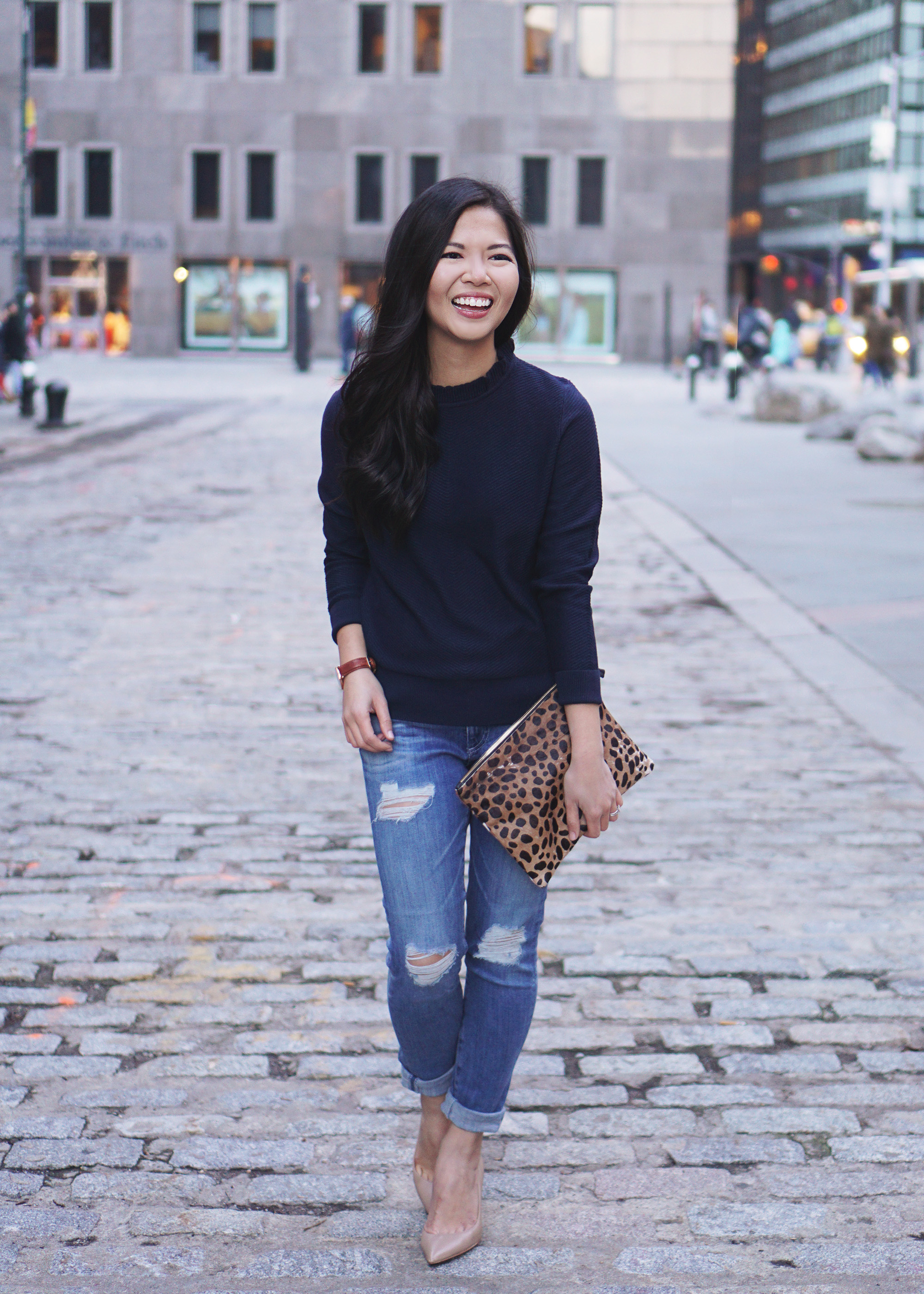 Spring Transition Outfit / Navy Sweater & Ripped Jeans