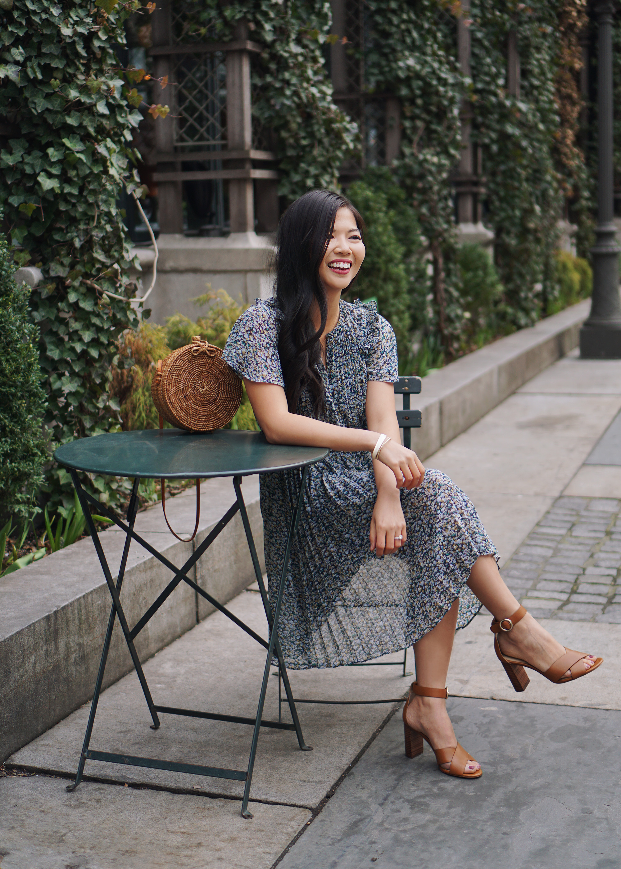 Spring Outfit Idea / Floral Dress & Straw Bag