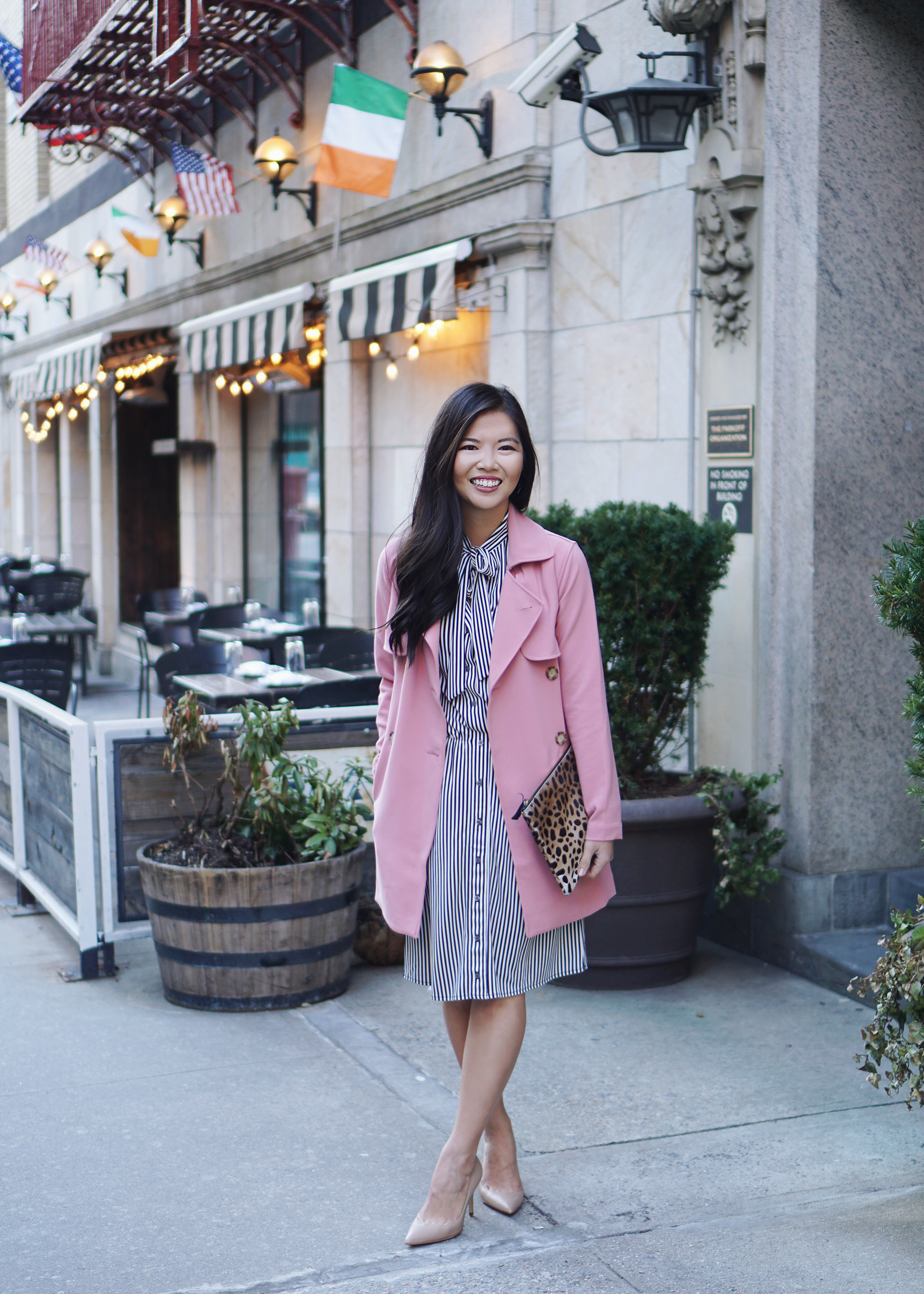 Spring Style / Pink Trench Coat & Stripe Dress