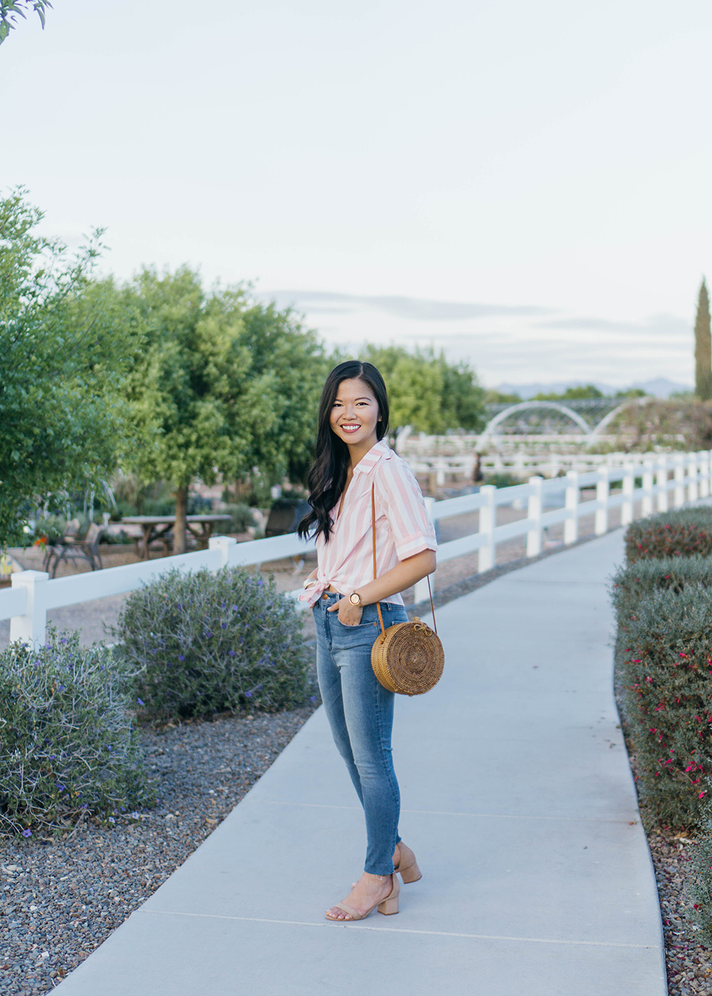 Spring Style / Pink & White Striped Short Sleeve Shirt