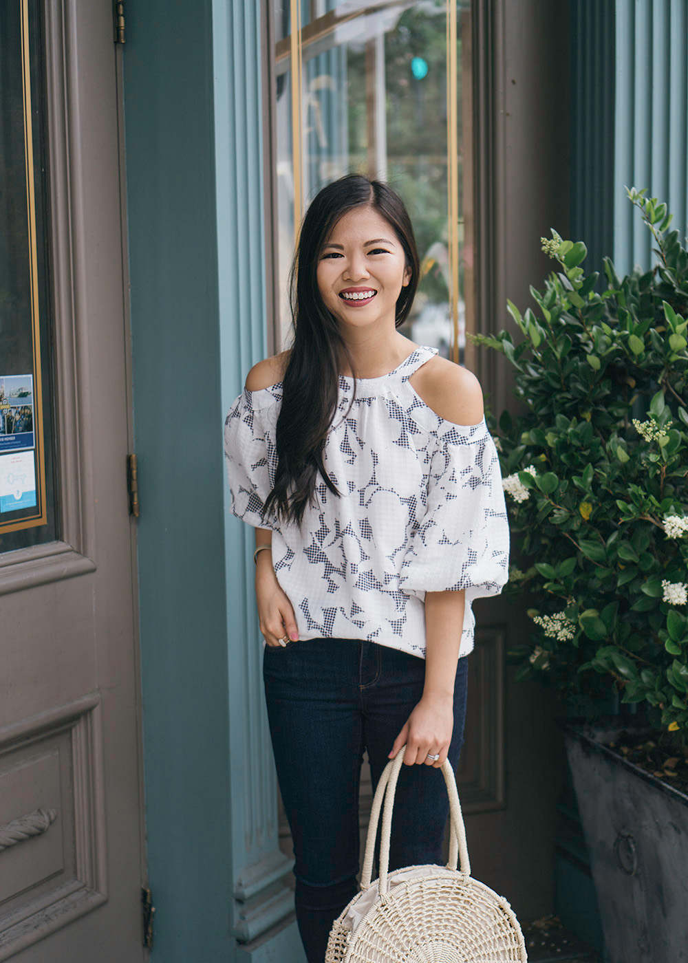 Floral Cold Shoulder Top & Dark Blue Skinny Jeans