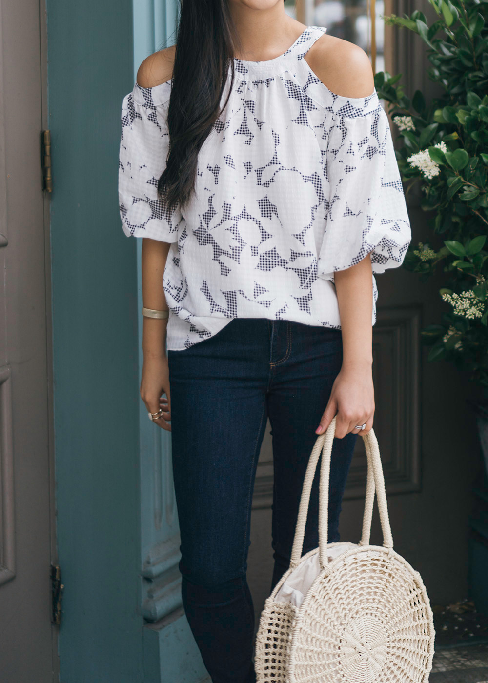 Floral Cold Shoulder Top & Dark Blue Skinny Jeans