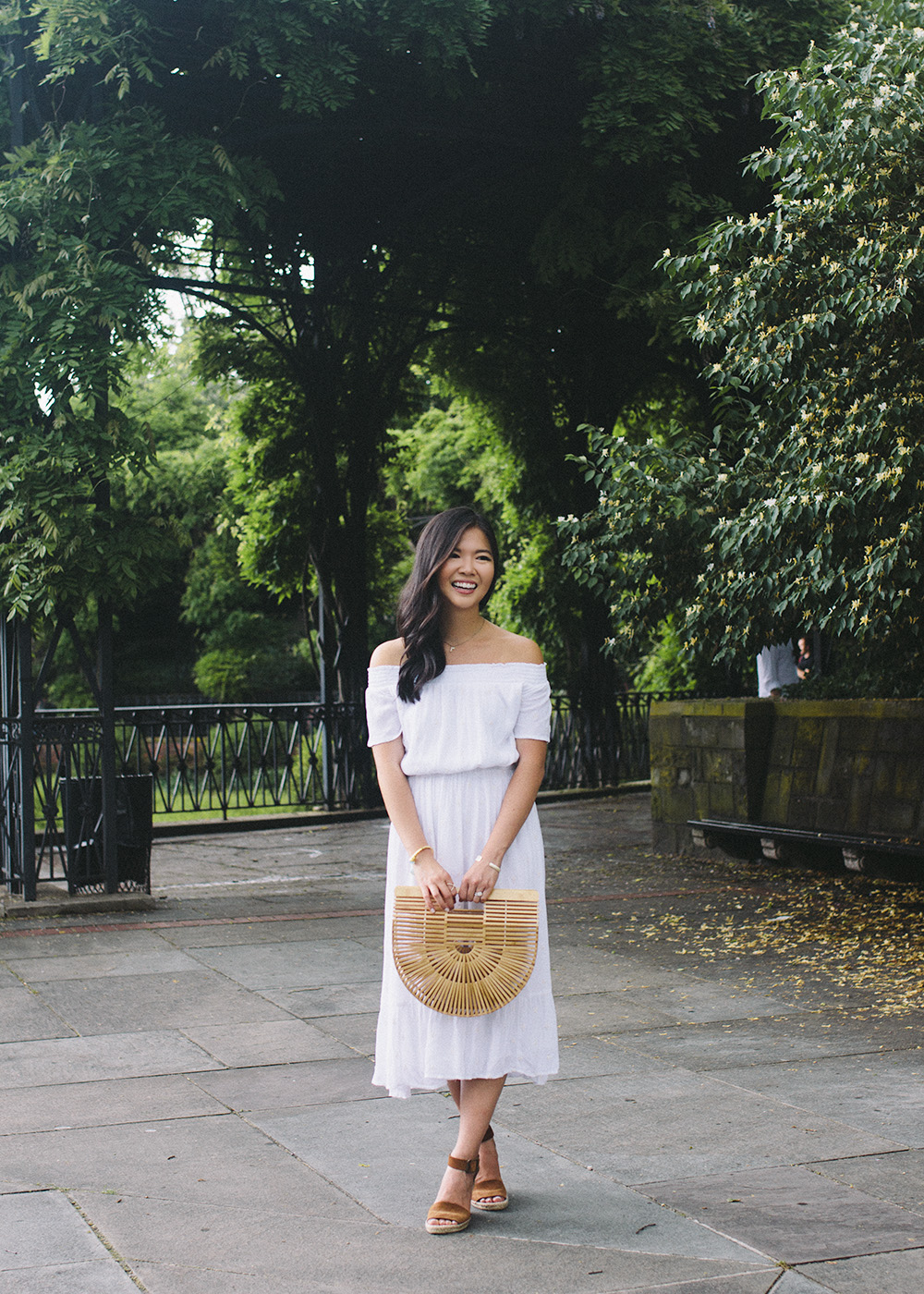 Summer Outfit / White Off the Shoulder Dress & Espadrille Wedges