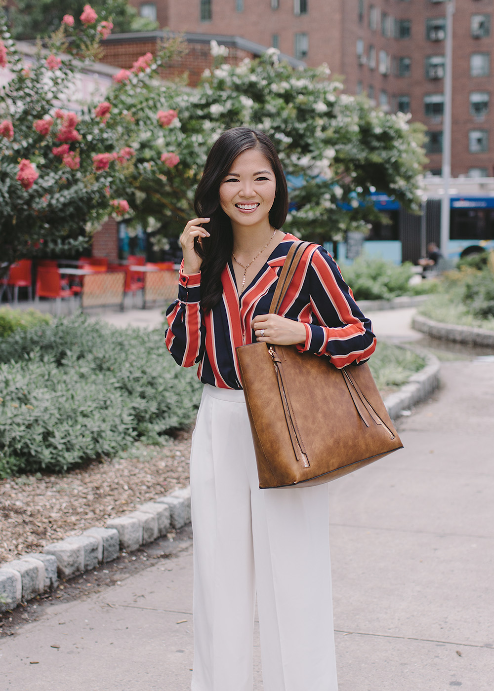 Office Style / Striped Blouse & White Culotte Pants