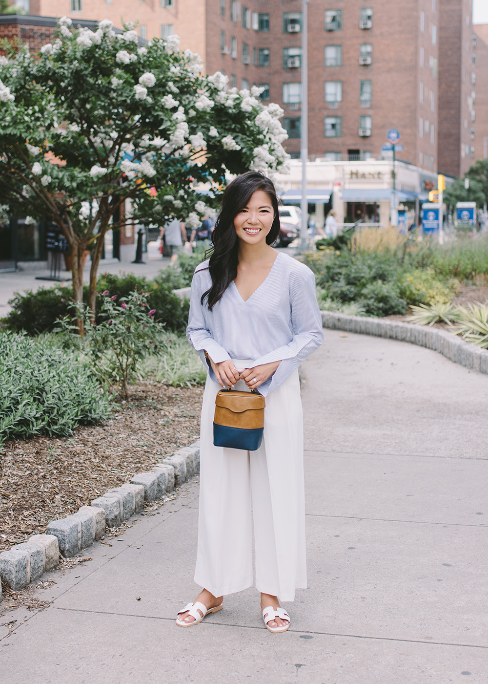 Summer Style / Light Blue Bell Sleeve Top & White Wide Legged Pants