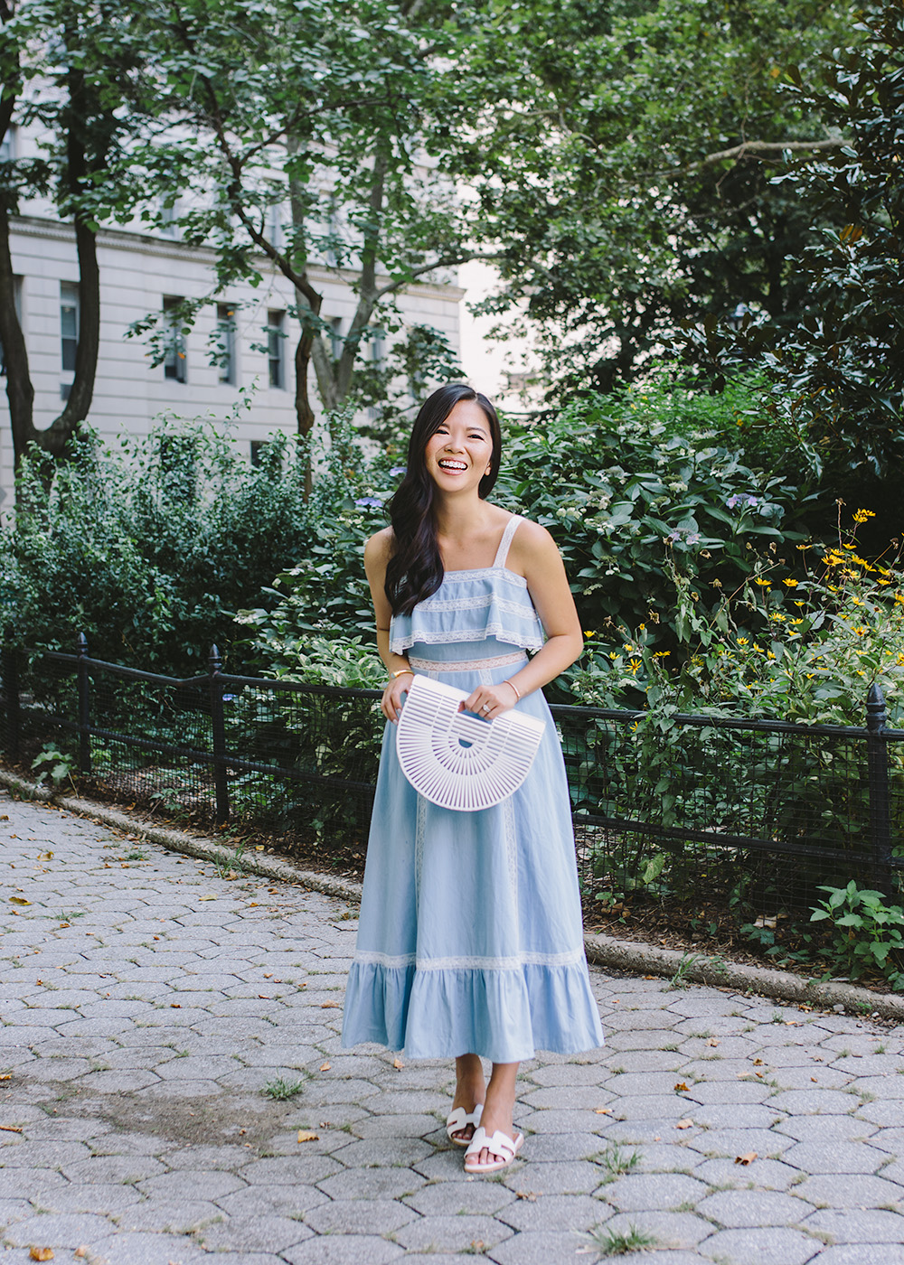 Chambray Maxi Dress & White Bamboo Bag