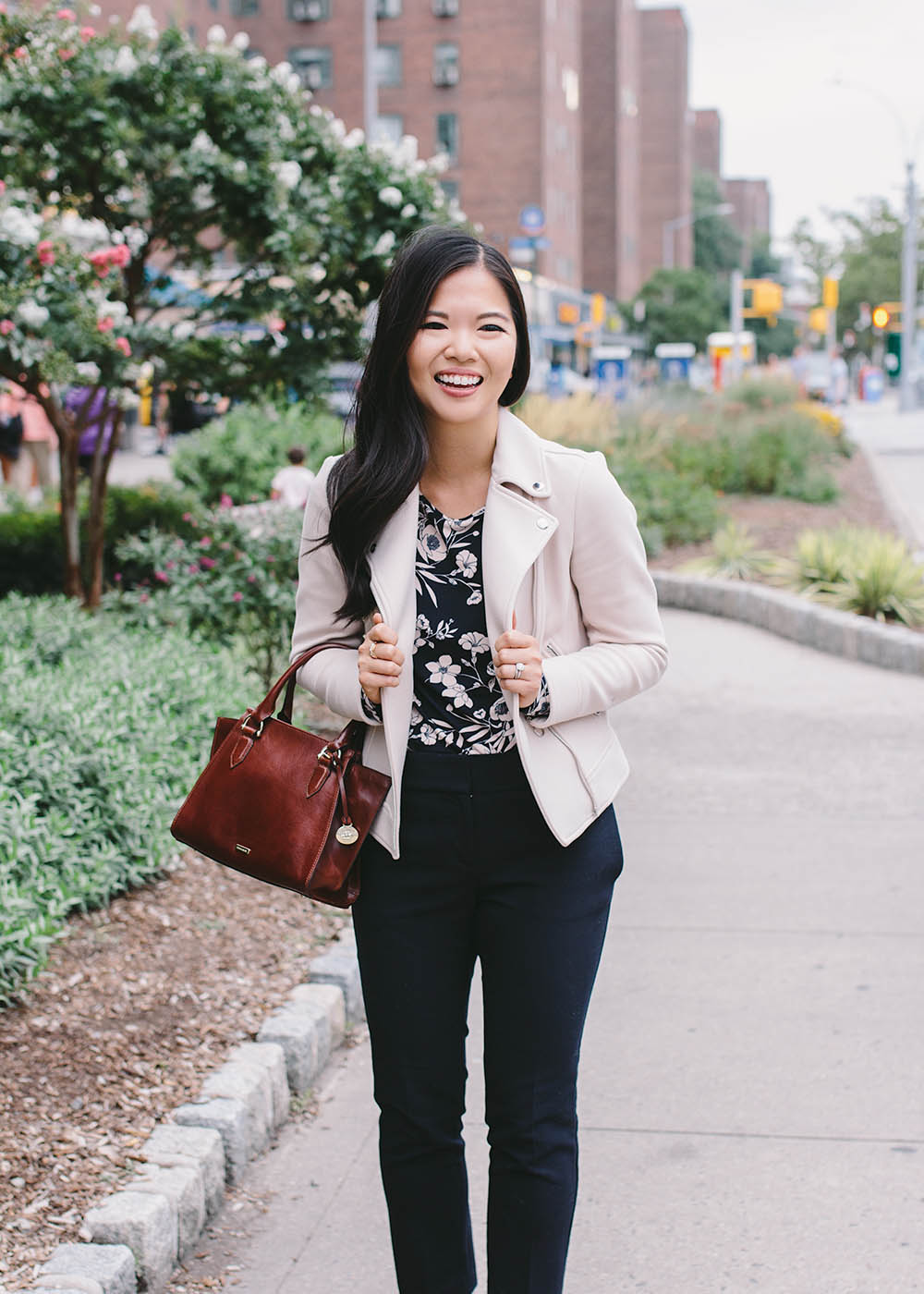 Work Outfit Inspiration / Blush Moto Jacket & Navy Slacks