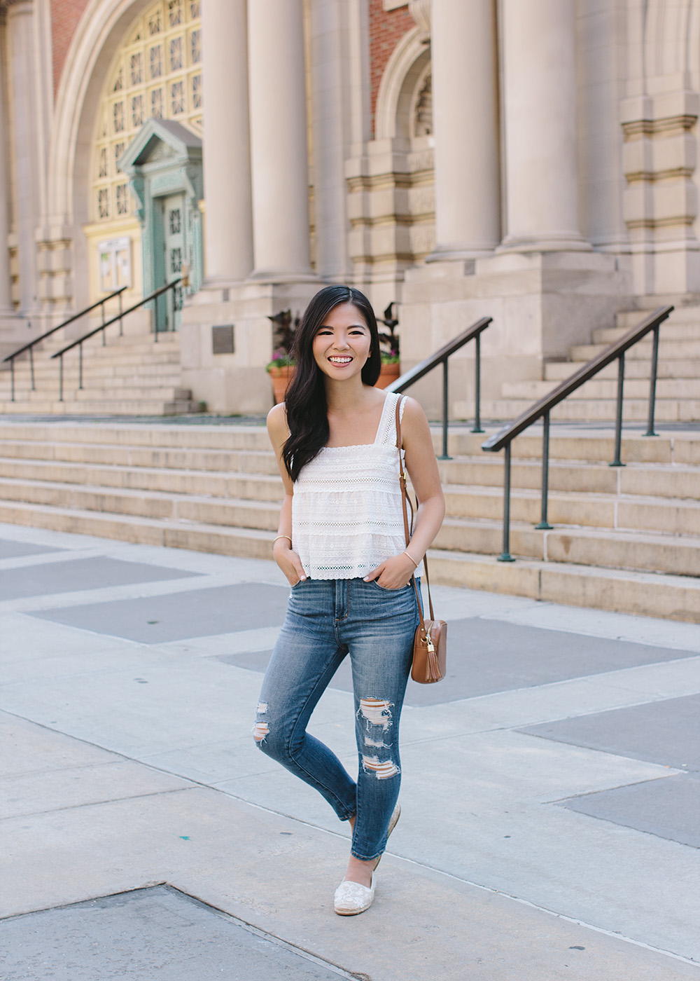 White Eyelet Crop Top & Ripped Skinny Jeans