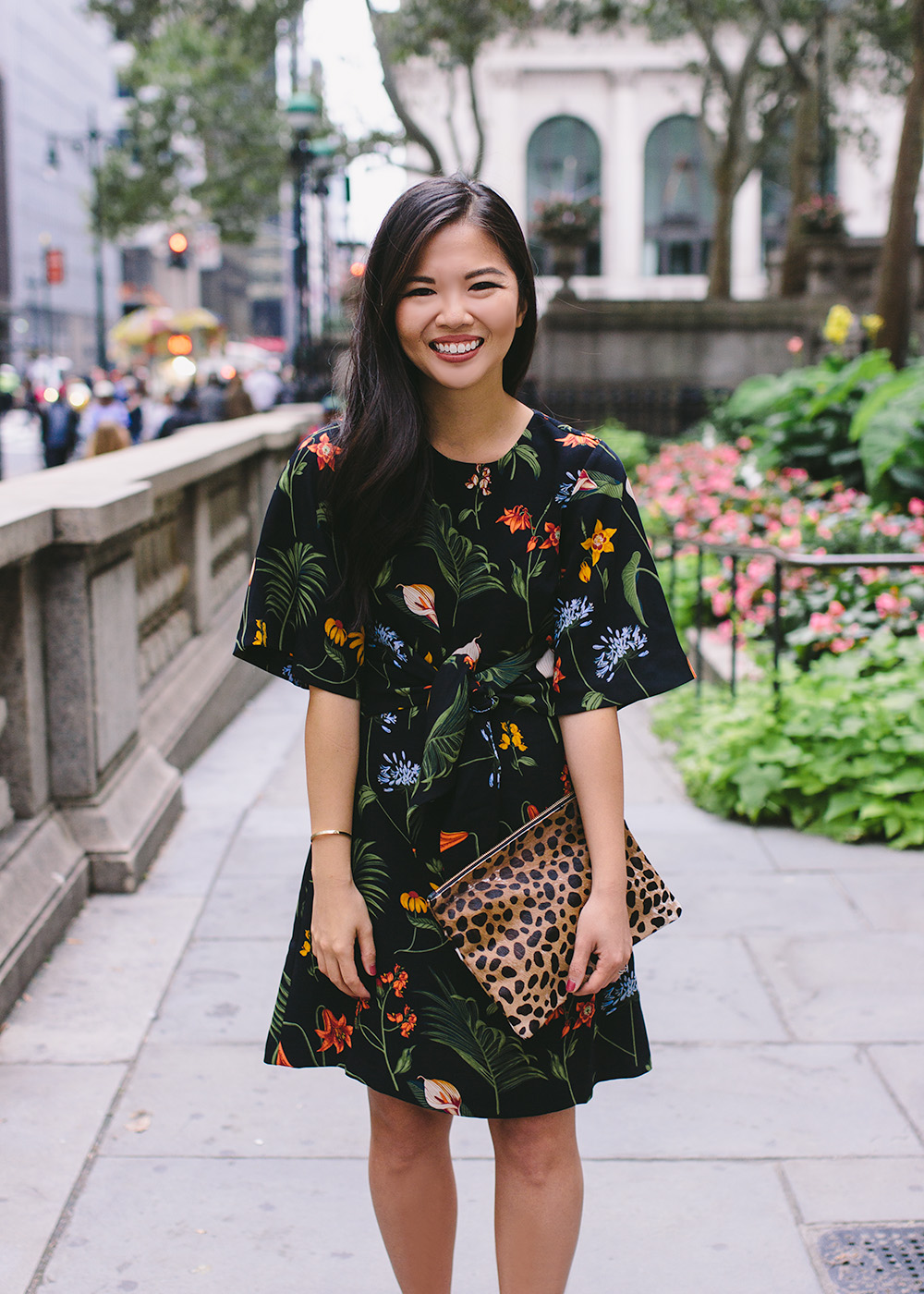 Black Floral Print Dress & Leopard Clutch