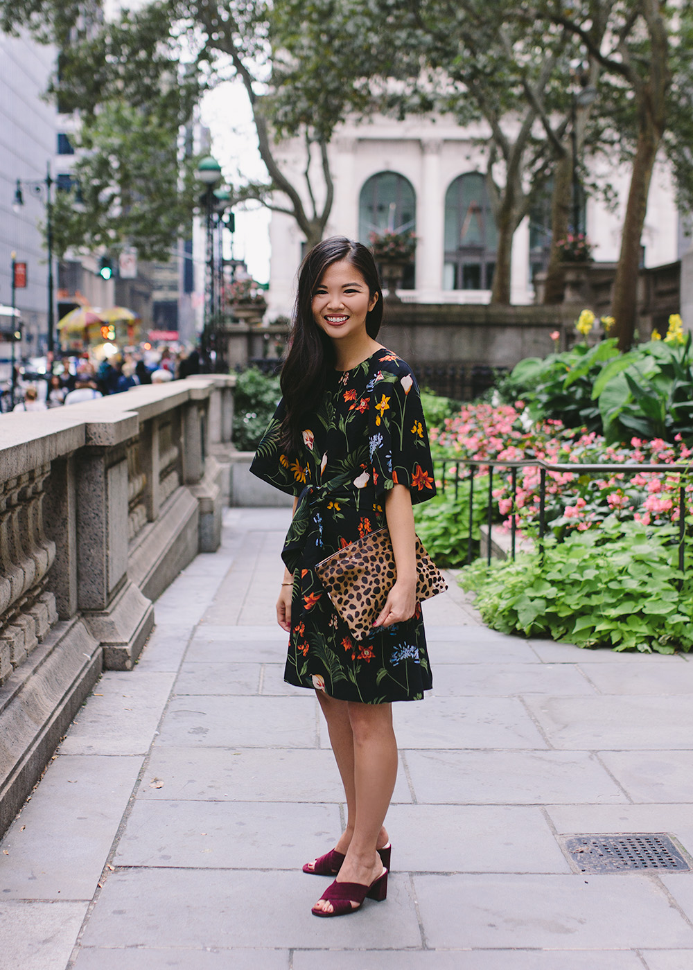 Black Floral Print Dress & Leopard Clutch