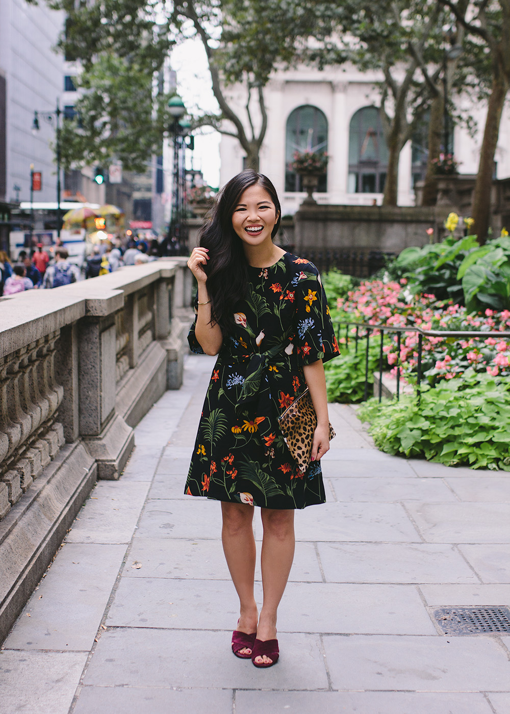 Black Floral Print Dress & Leopard Clutch