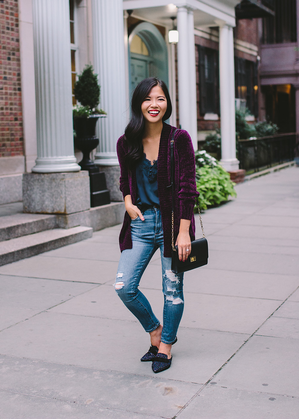 Women's Fall Fashion Trends / Chenille Cardigan & Tweed Loafers