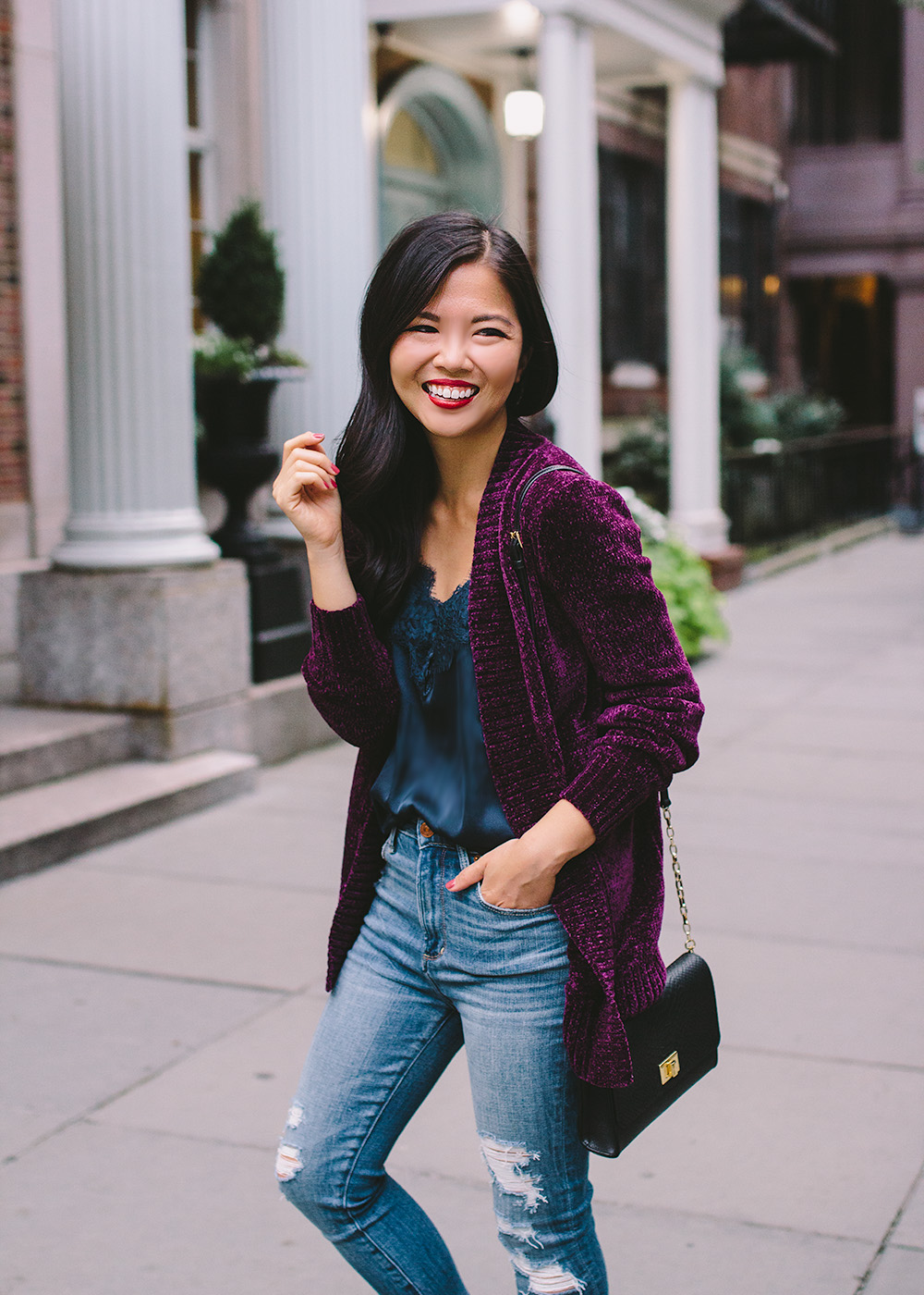 LOFT Chenille Open Blouson Cardigan & Ripped Jeans