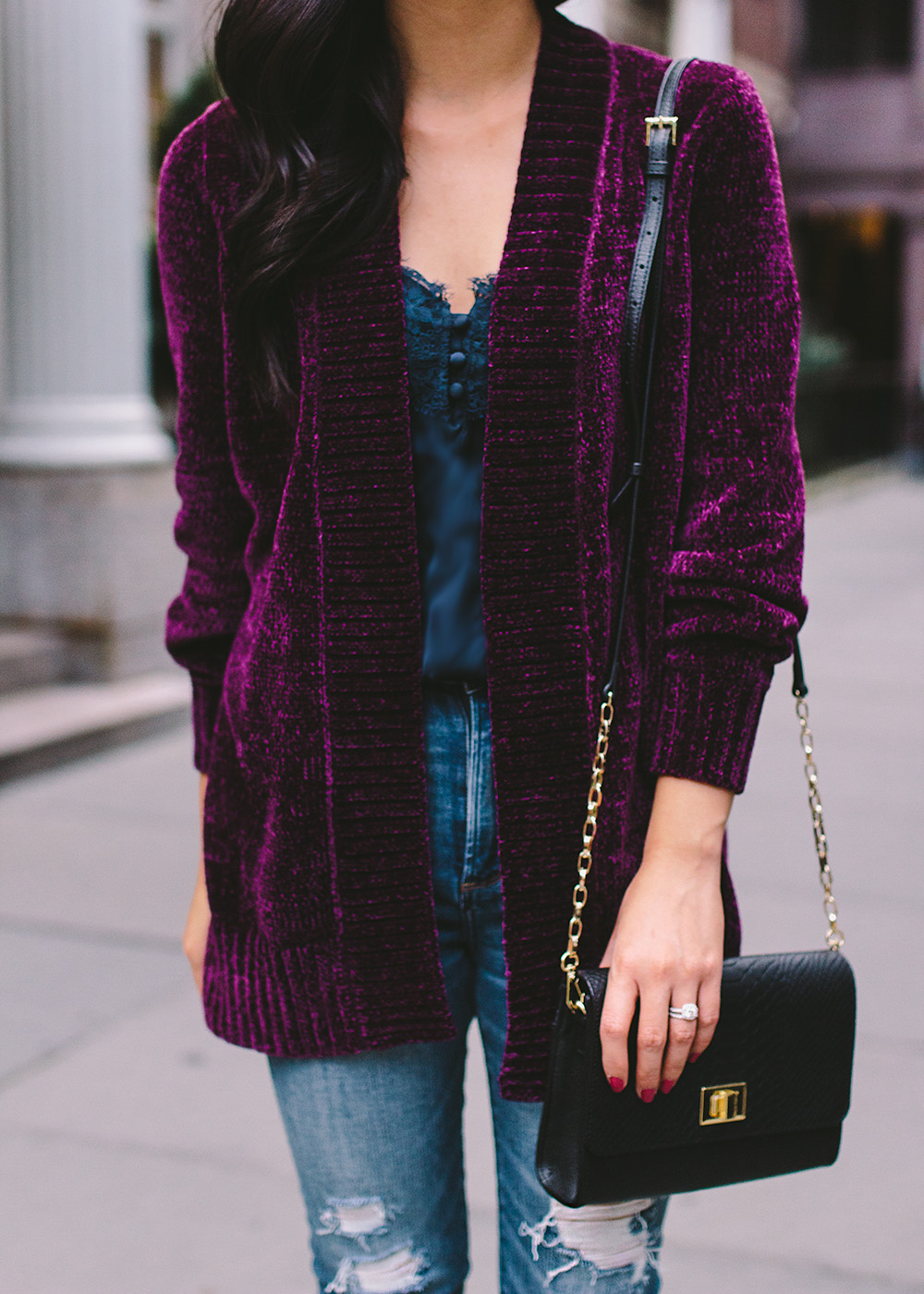 Fall Fashion Trends / Chenille Sweater & Navy Lace Cami