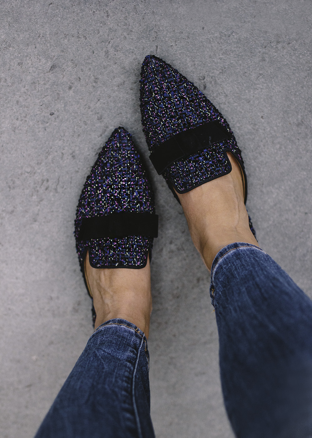 Fall Fashion / Black & Navy Tweed Slides