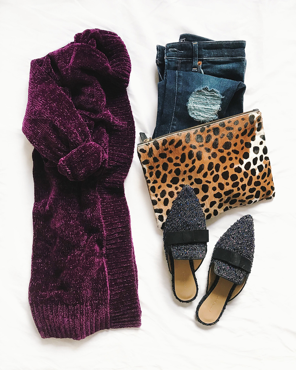Fall Fashion Flatlay / Chenille Cardigan & Tweed Slides