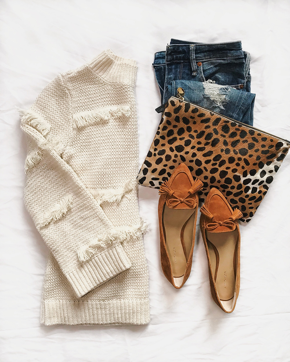Fall Fashion Flatlay / Fringe Sweater & Tassel Leopard