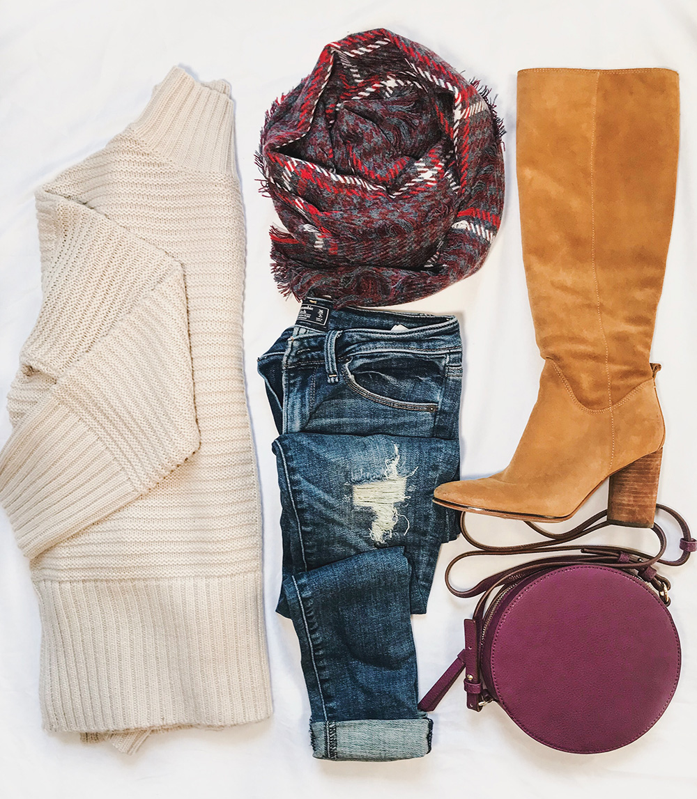 Fall Fashion Flatlay / Cream Sweater & Knee HIgh Boots