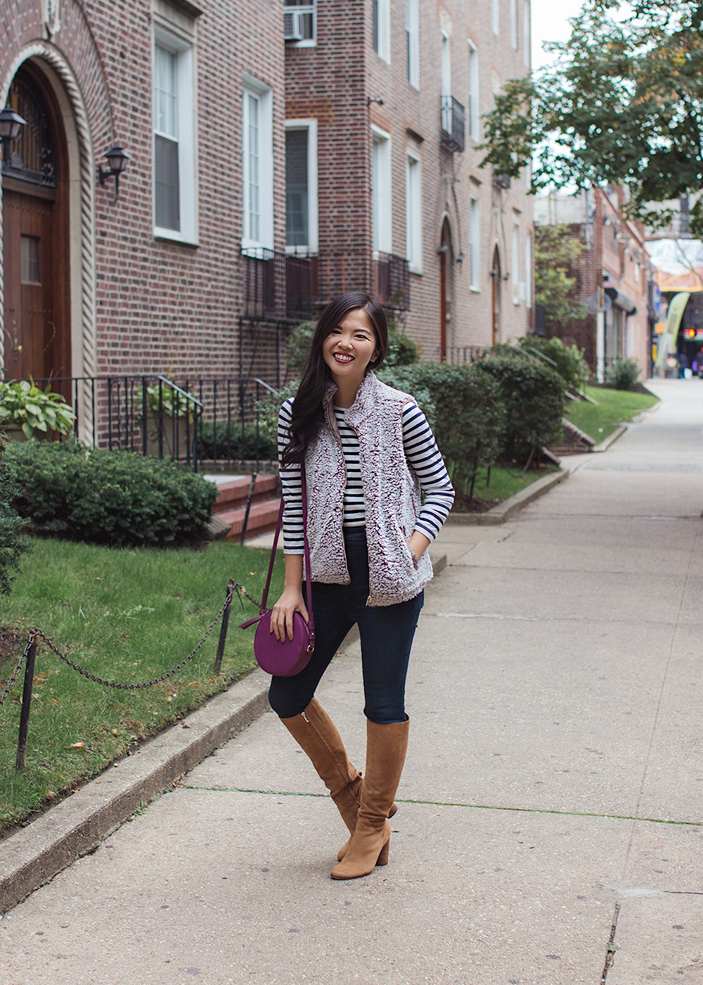 Preppy Fall Style / Fleece Vest & Knee High Boots