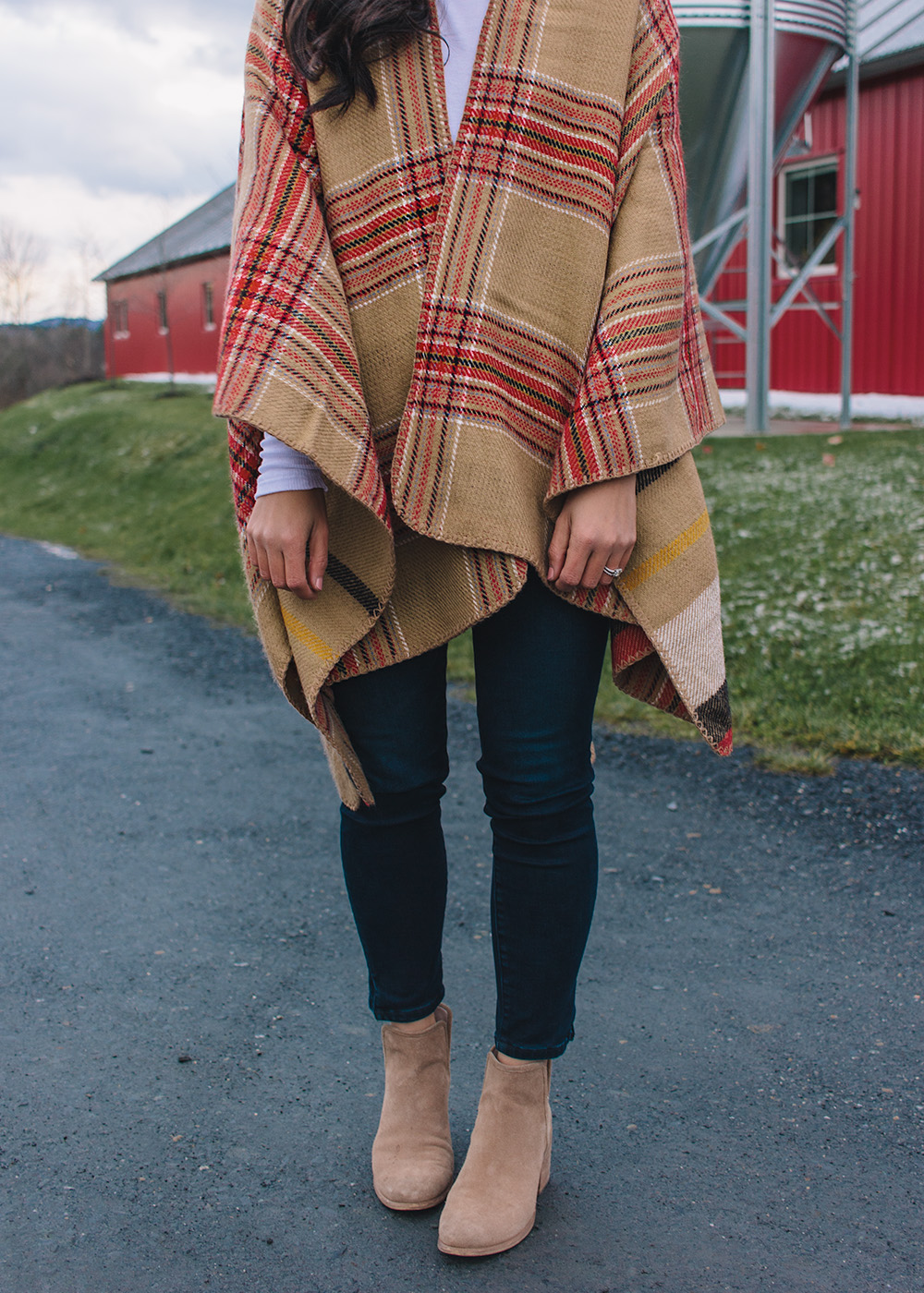 Red & Camel Plaid Poncho & Dark Wash Skinny Jeans