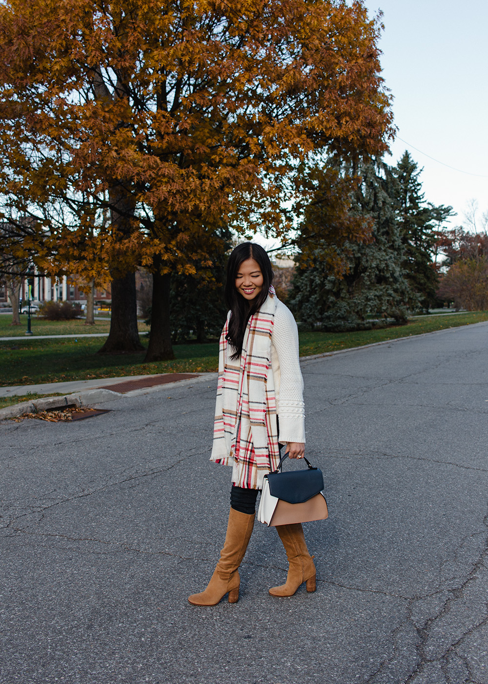 Fall Outfit Ideas / Plaid Scarf & Knee High Suede Boots