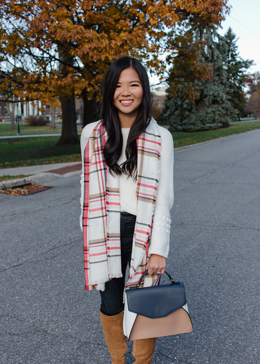 Plaid Scarf & White Sweater