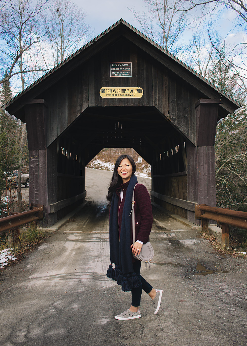 Fall Travel Outfit Idea / Tassel Scarf & Slip-On Sneakers