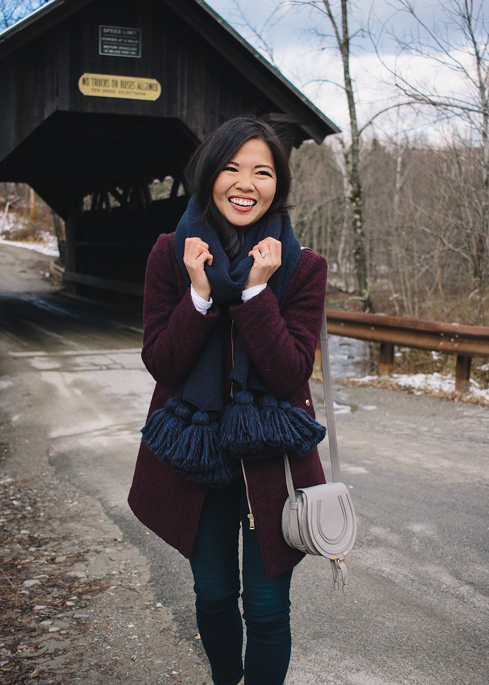 Fall Outfit Ideas / Burgundy Coat & Navy Tassel Scarf