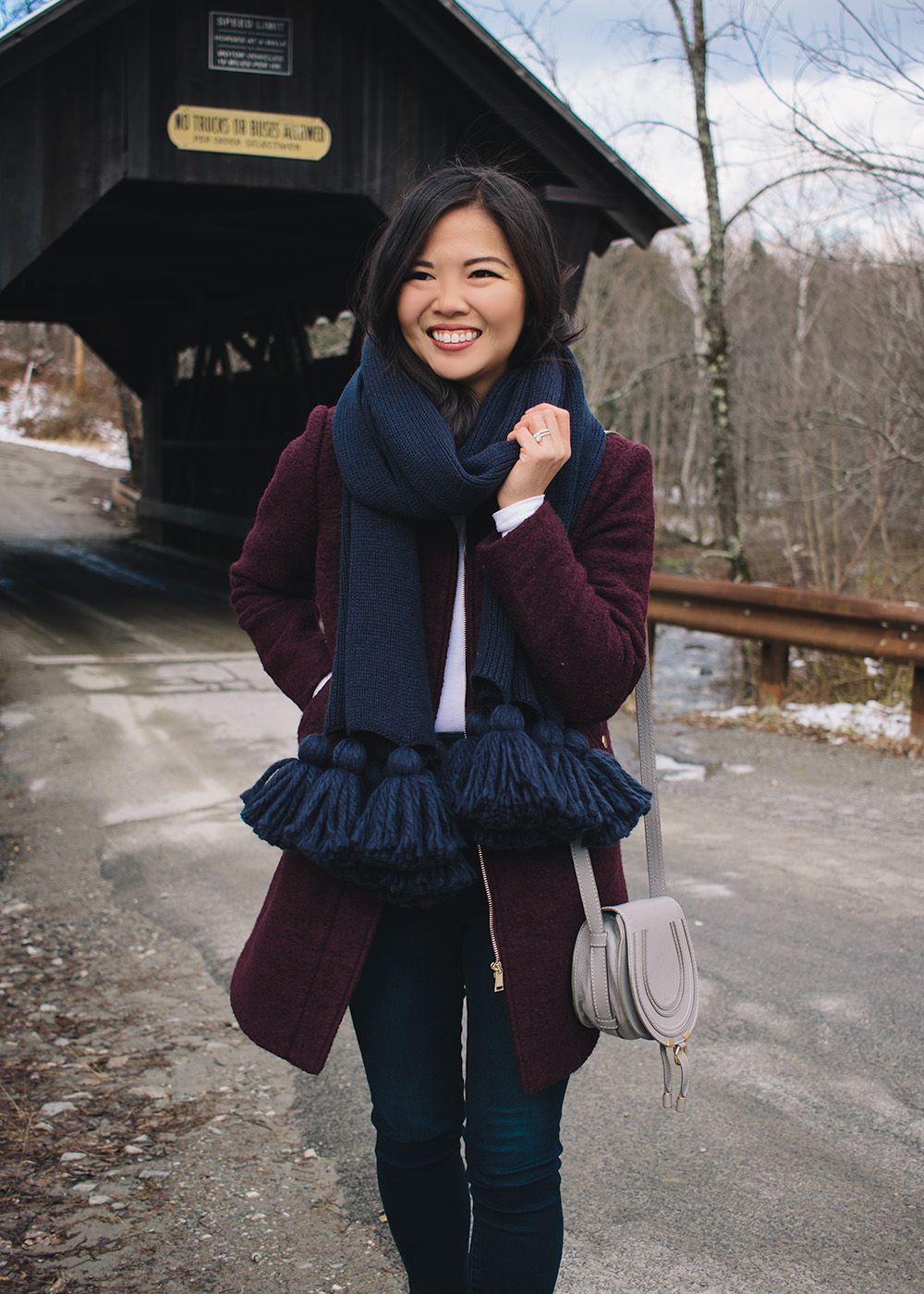 Fall Women's Fashion / Burgundy Coat & Navy Tassel Scarf