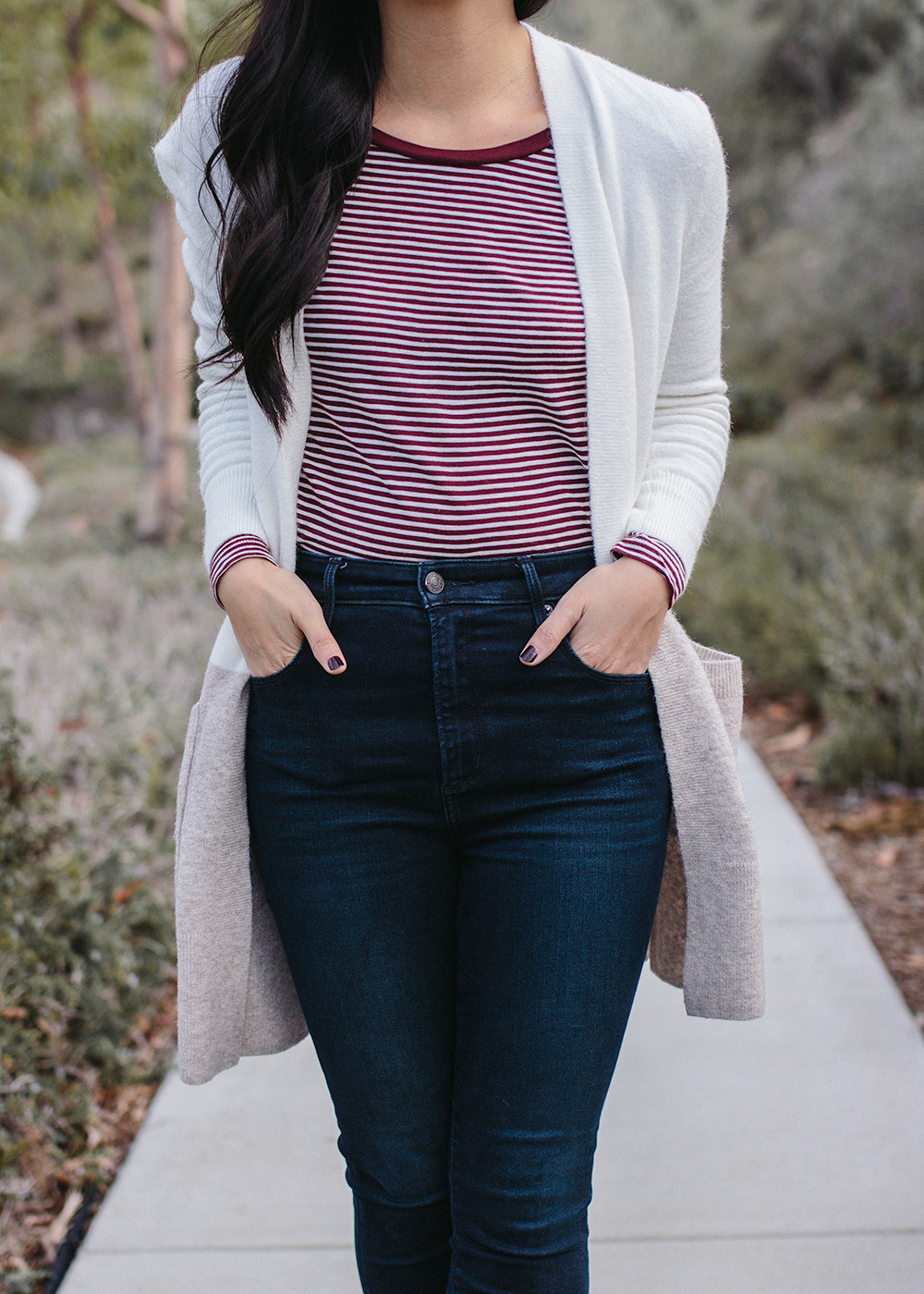 Neutral Casual Outfit Idea / Colorblock Cardigan & Striped Shirt