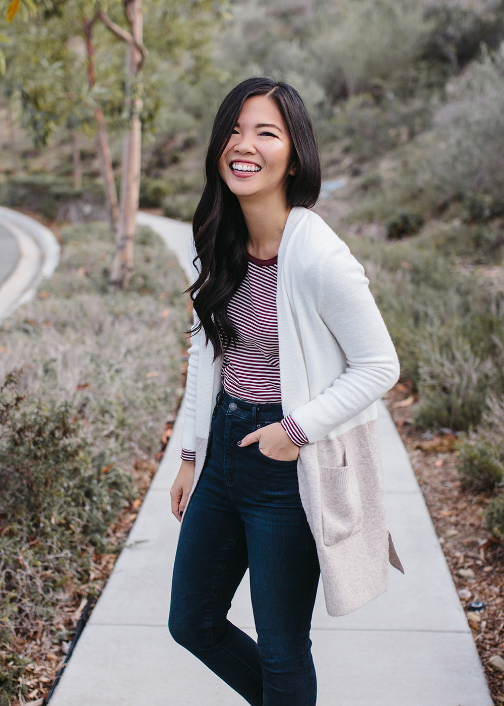 Neutral Casual Outfit Idea / Colorblock Cardigan & Striped Shirt