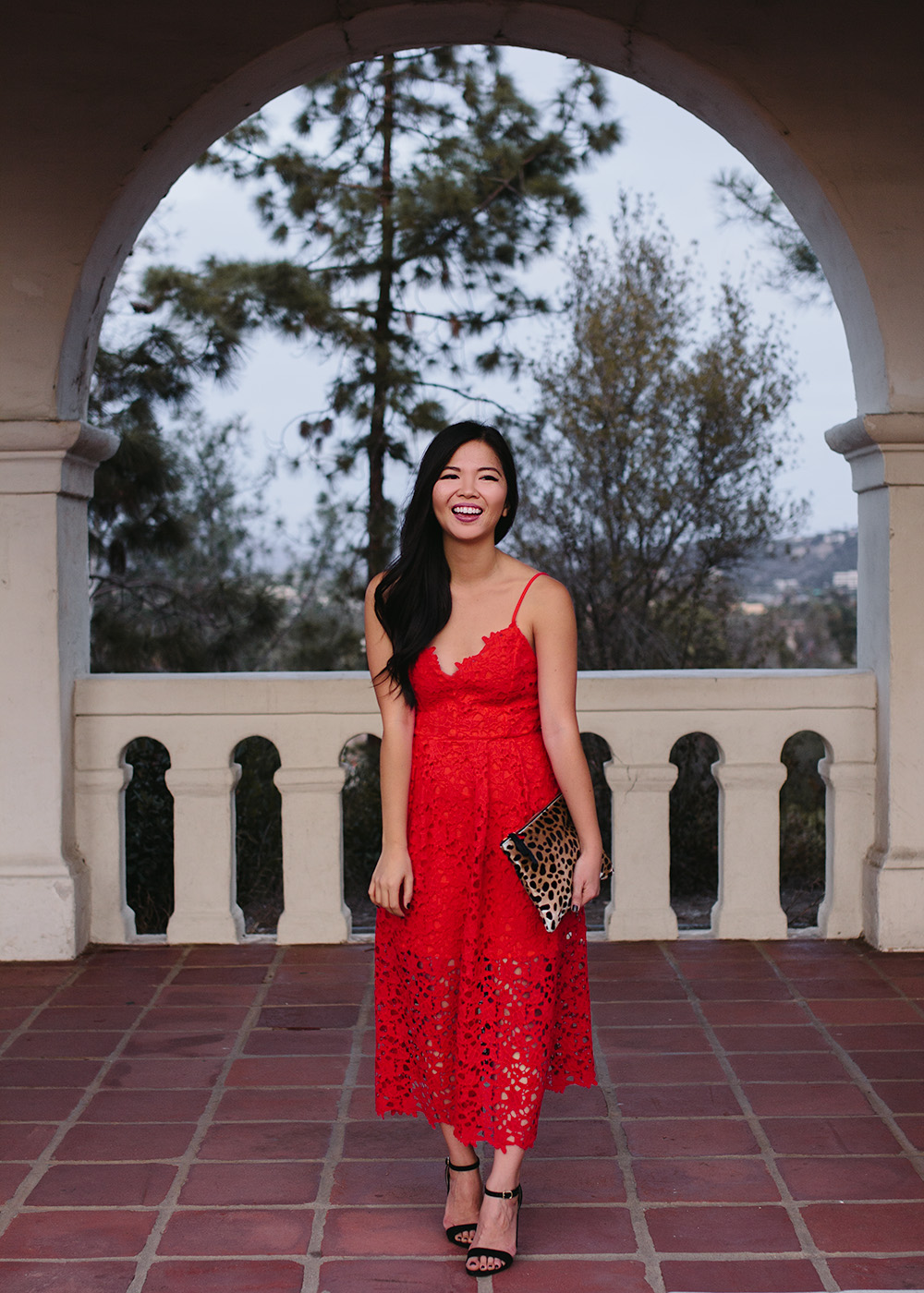 Holiday Party Outfit Idea / Red Lace Midi Dress