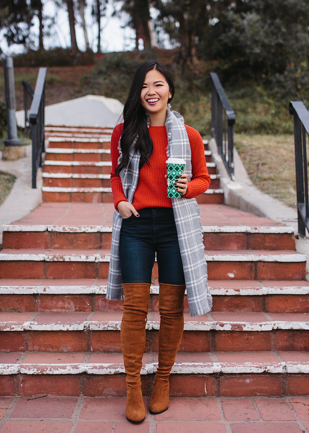 Red Sweater & Brown Over the Knee Boots
