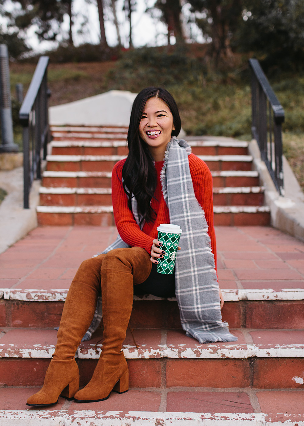 Holiday Outfit Ideas / Red Sweater & Brown Over the Knee Boots