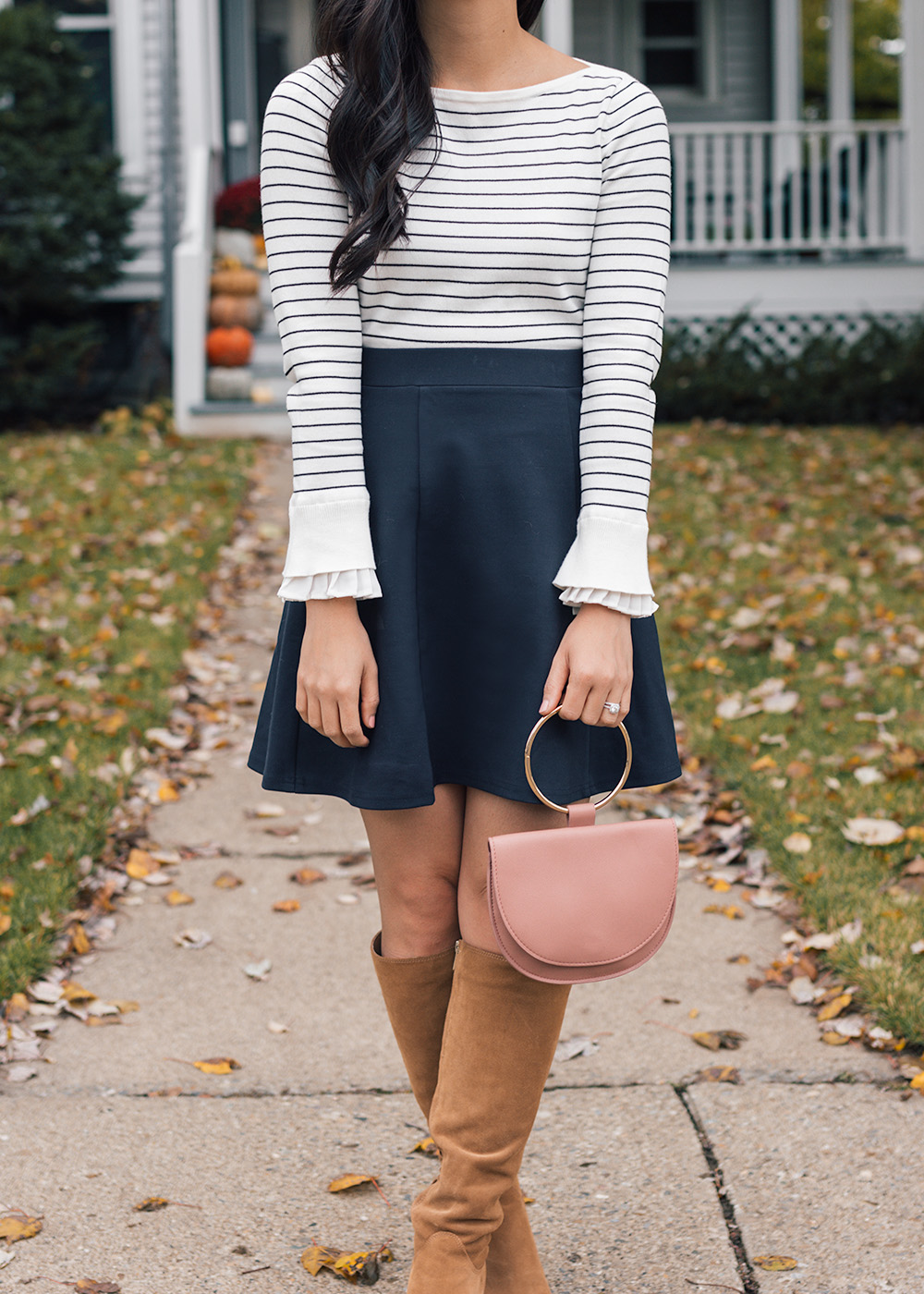 Striped Ruffle Sleeve Sweater & Navy Skirt