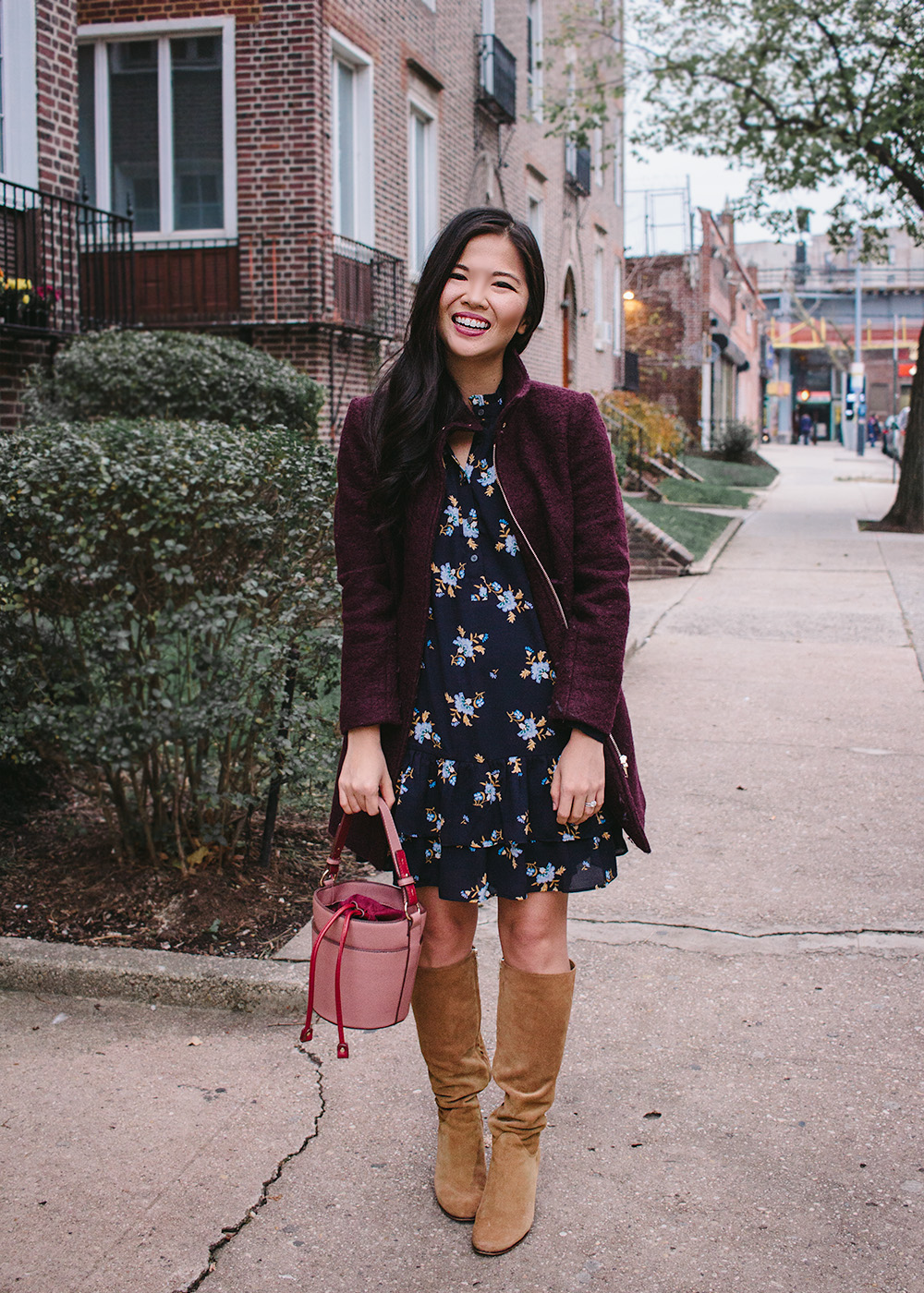 Thanksgiving Outfit Idea / Floral Dress & Knee High Boots
