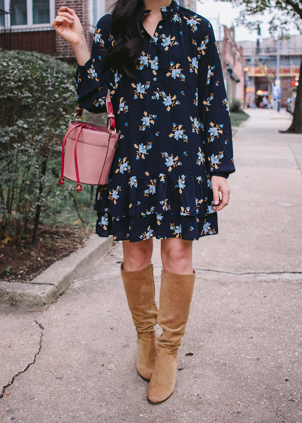 Long Sleeve Floral Dress & Brown Suede Knee High Boots