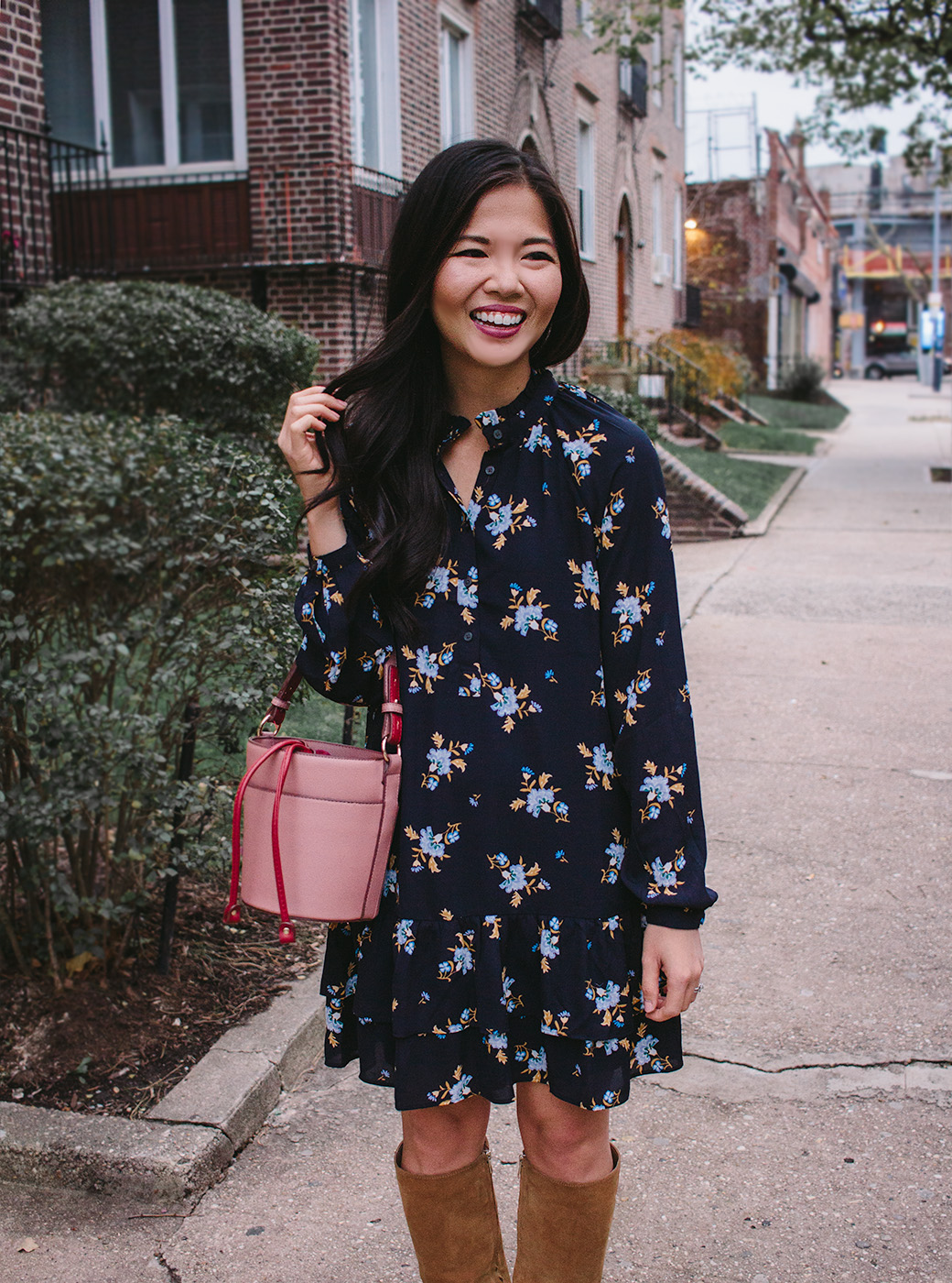 Fall Floral Dress & Pink Bucket Bag