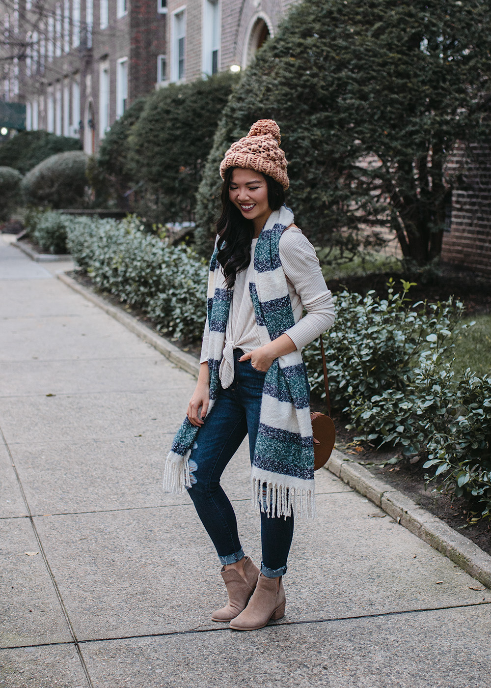 Winter Outfit Ideas / Green Striped Scarf & Skinny Jeans