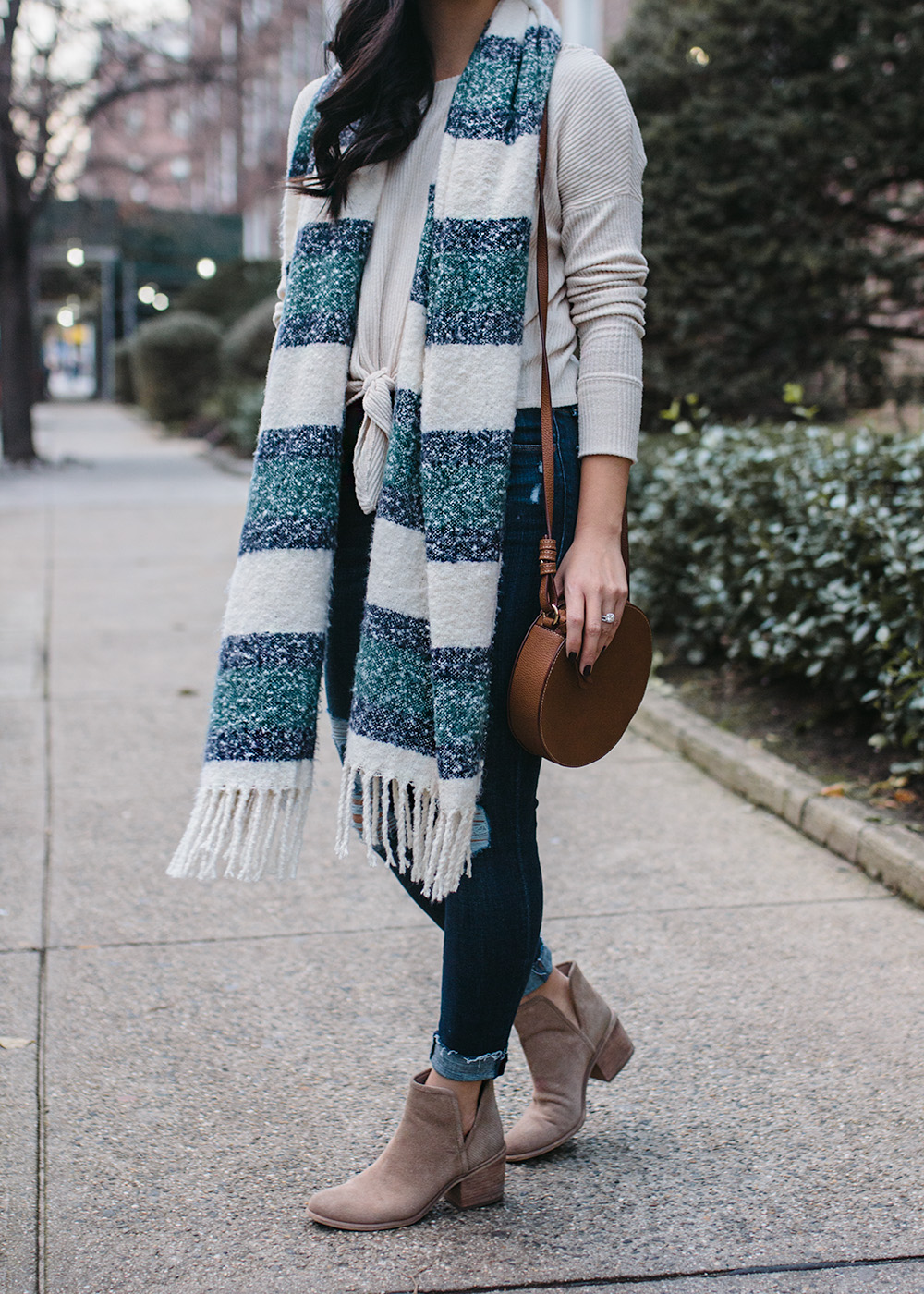 Casual Winter Outfit / Stripe Scarf Skinny Jeans & Ankle Booties