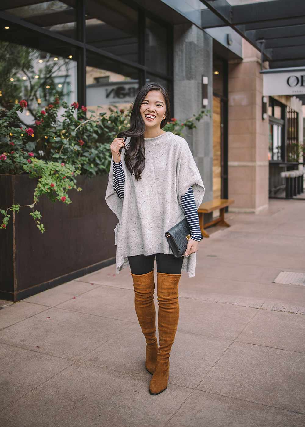 Casual Outfit Inspiration / Poncho & Over the Knee Boots