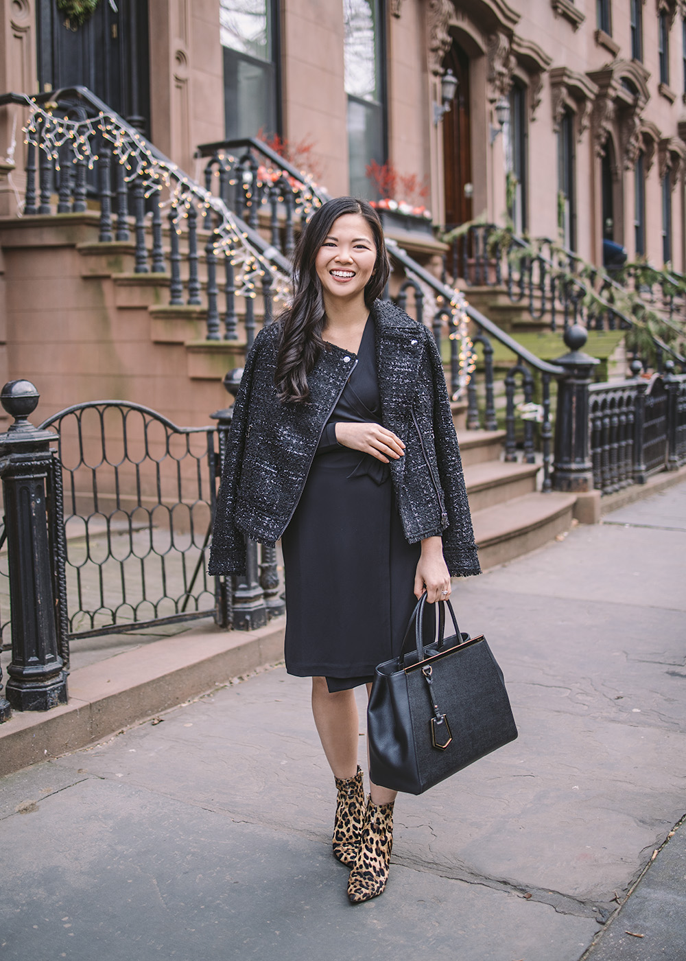 What to Wear to Work / Tweed Moto Jacket & Black Wrap Dress