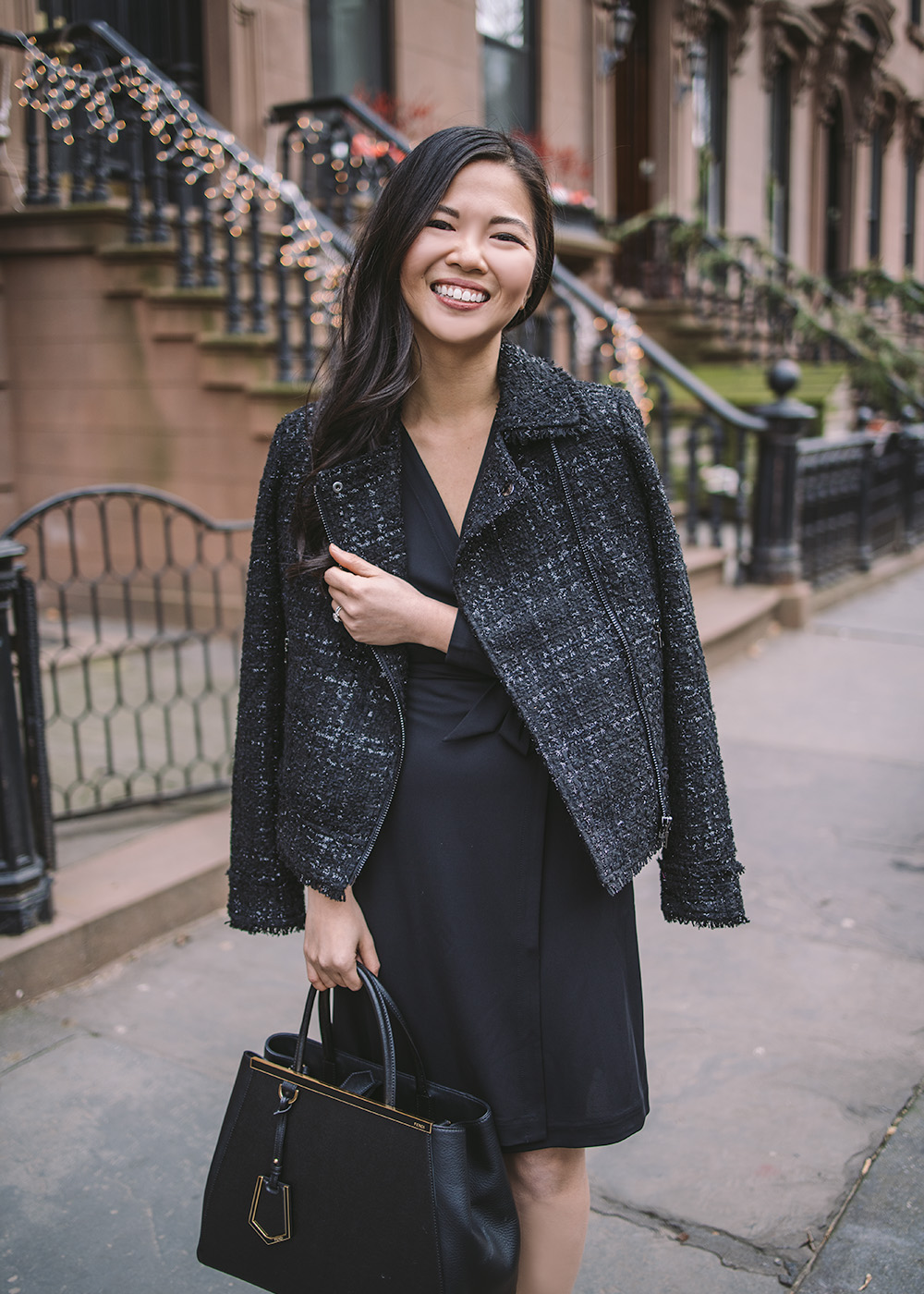 What to Wear to Work / Tweed Moto Jacket & Black Wrap Dress
