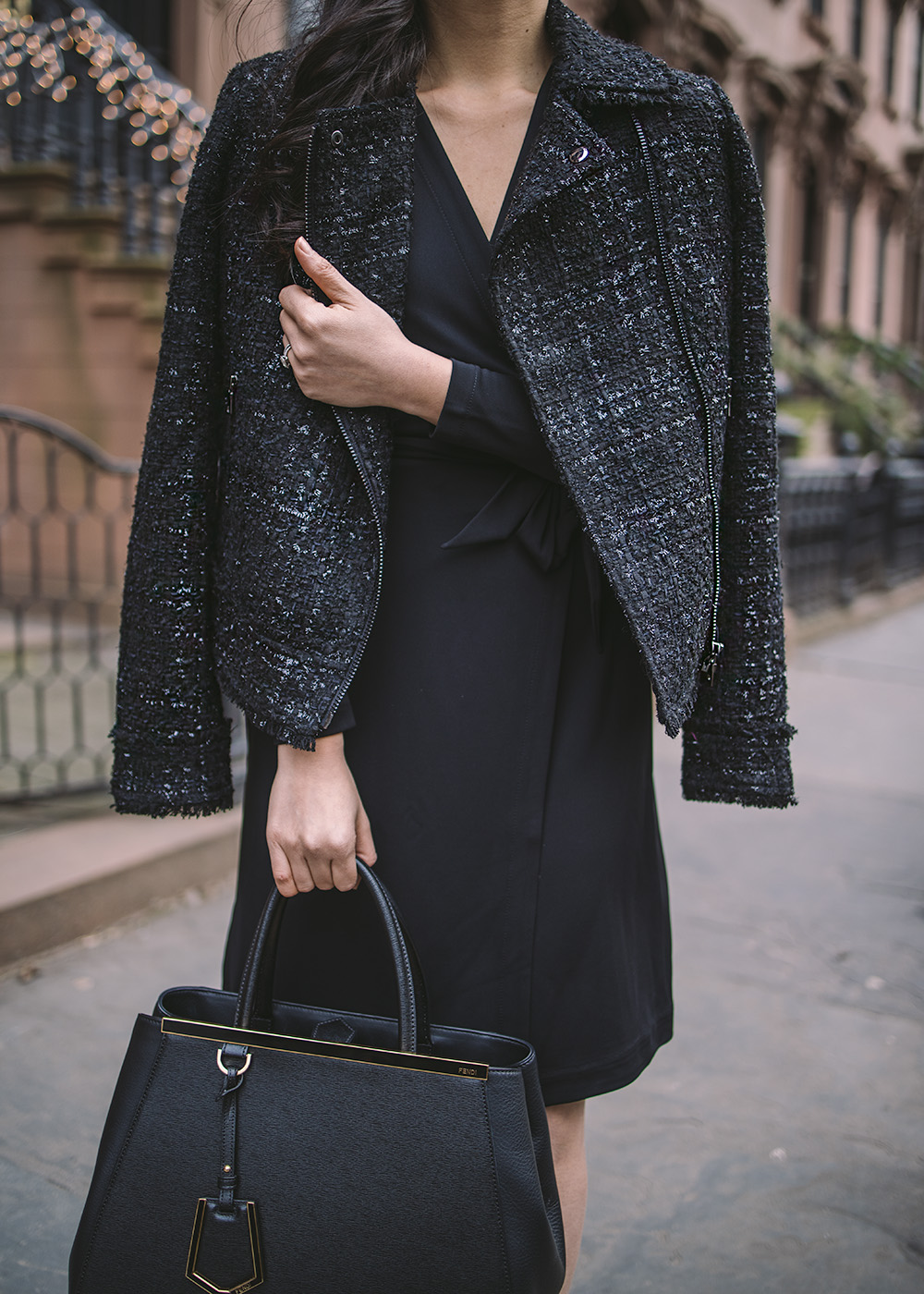 What to Wear to Work / Tweed Moto Jacket & Black Wrap Dress